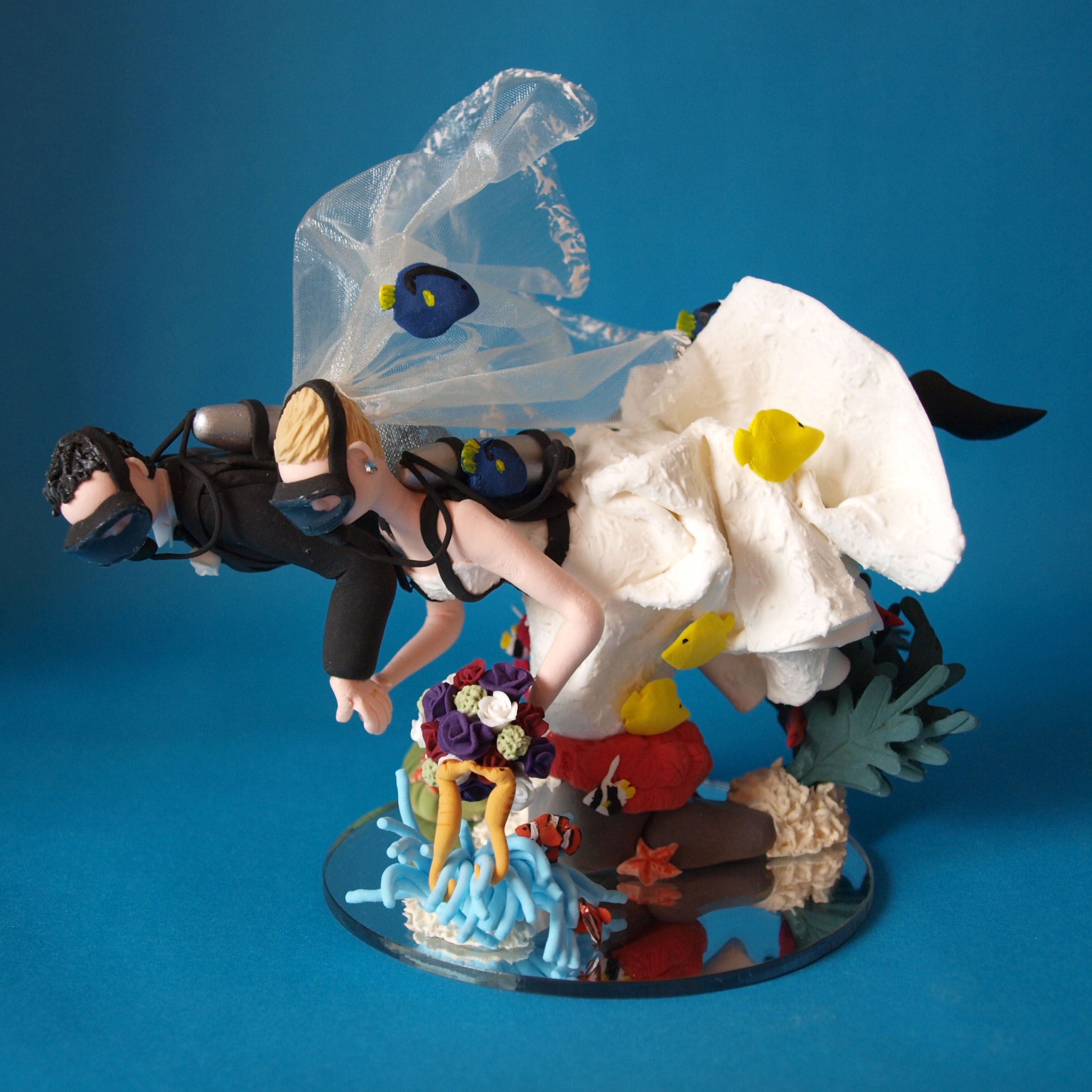 Scuba Diving Bride and groom with sea horses wedding cake topper by Louisa Hill