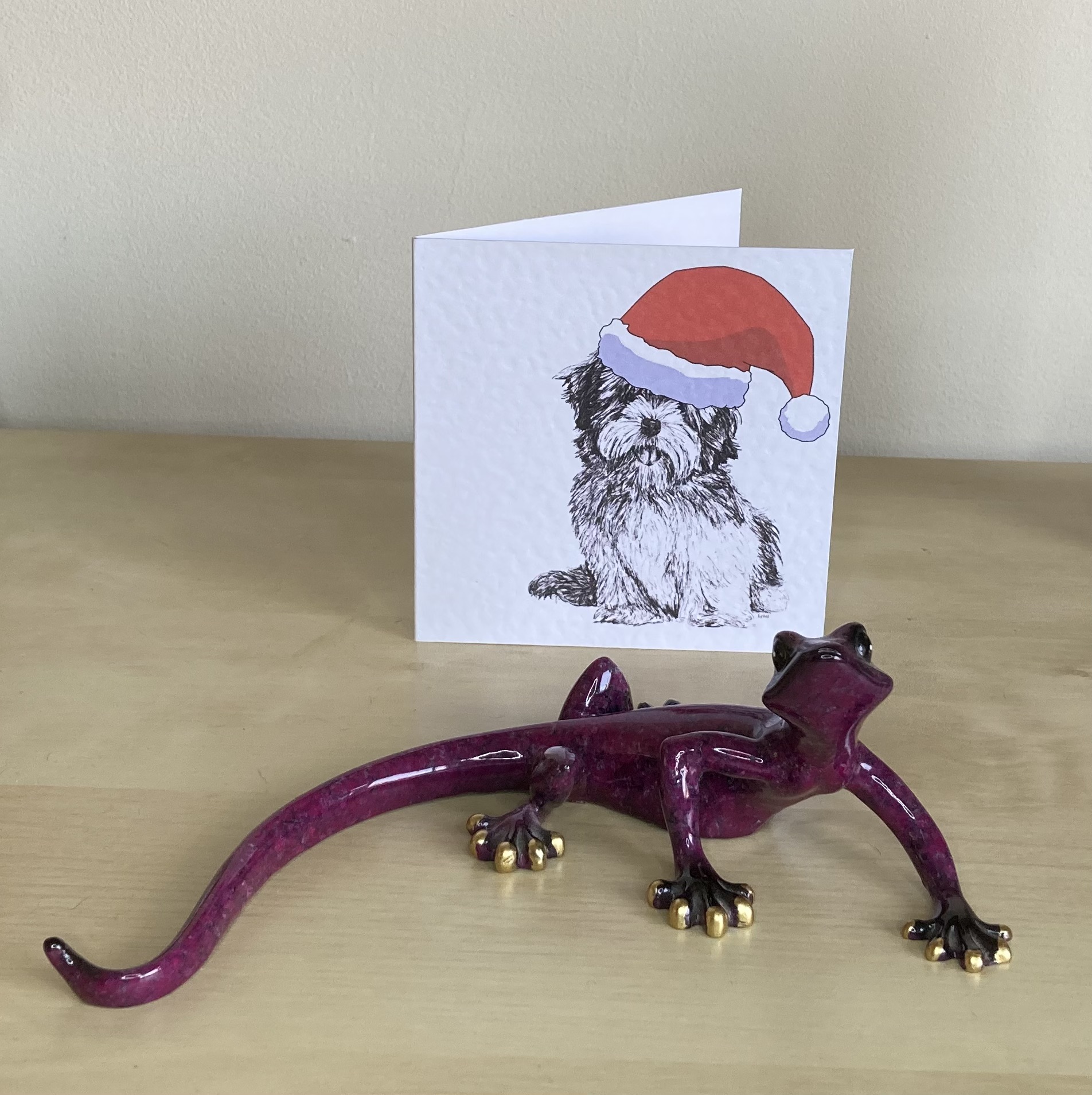 Lhasa Apso with Lhasa Apso hat Christmas card by Louisa Hill