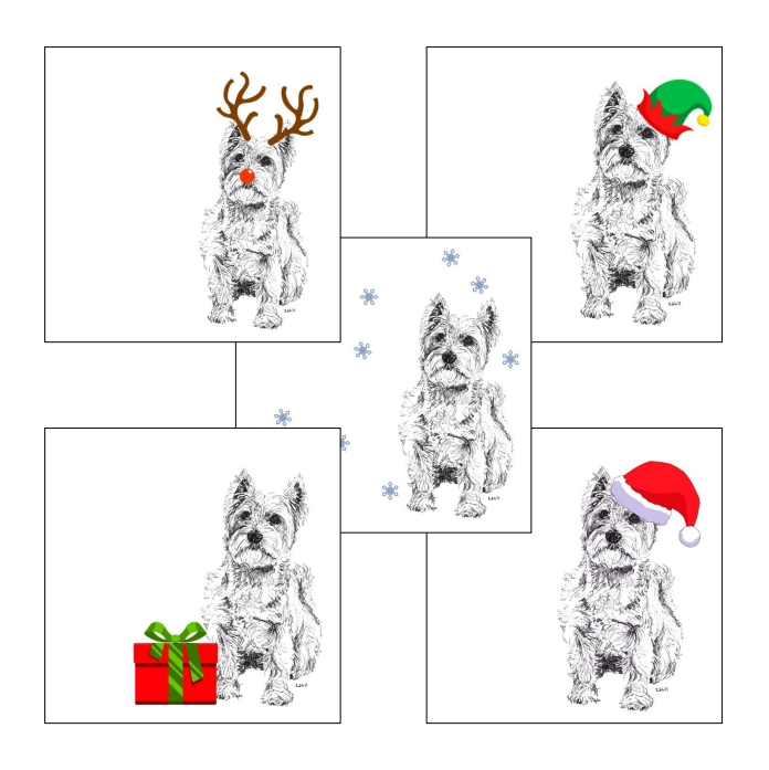 West Highland Terrier with reindeer antlers and red nose Christmas card by Louisa Hill