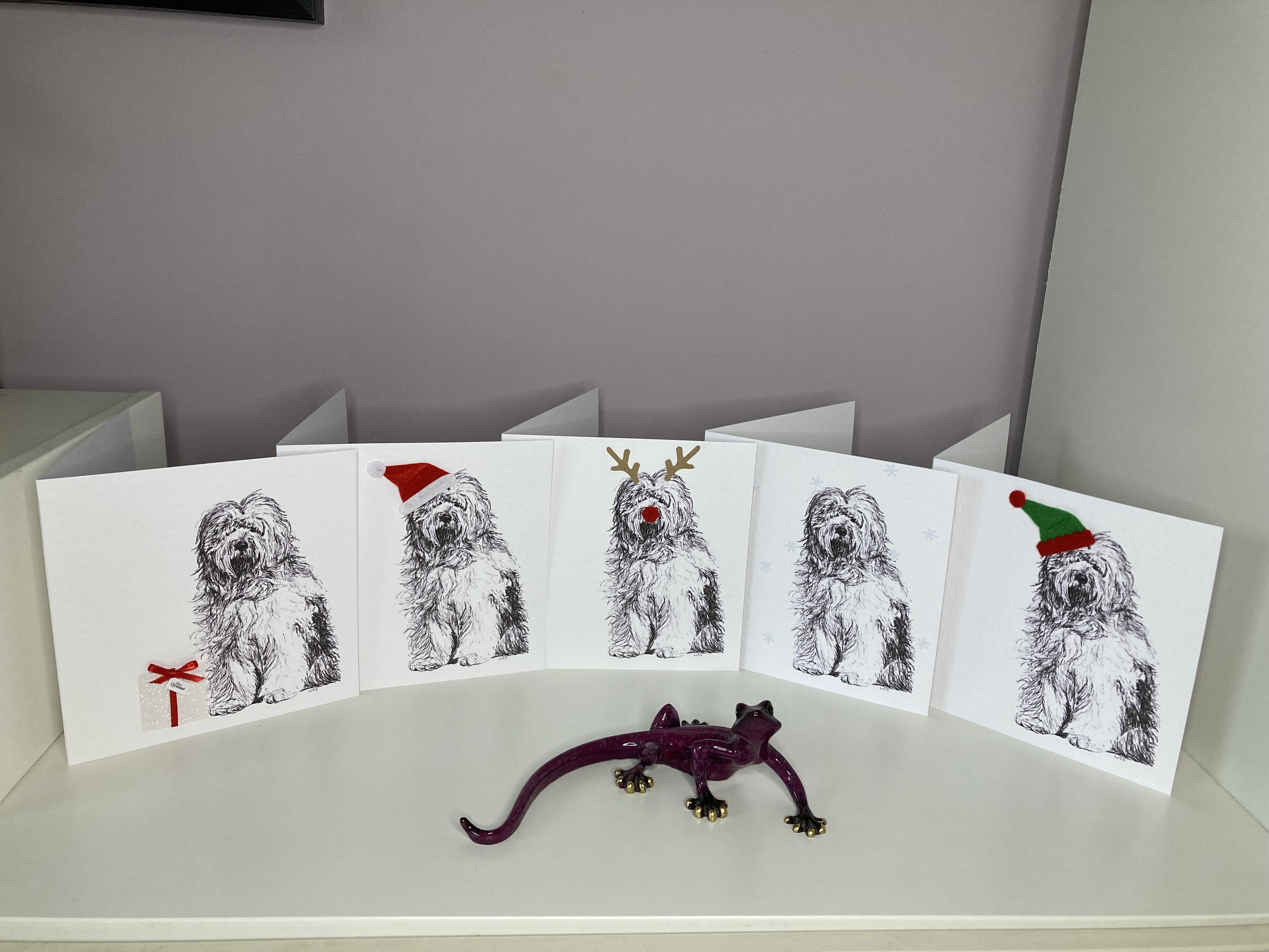 Pack of 5 Old English Sheepdog Christmas cards by Louisa Hill