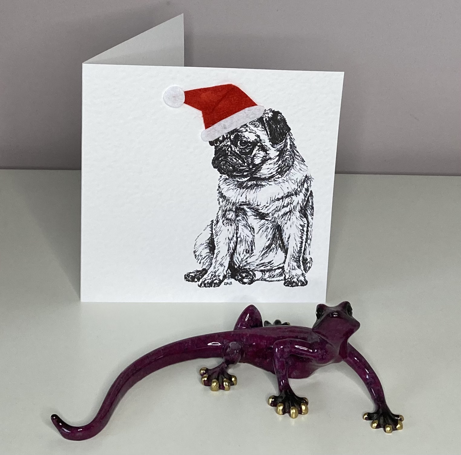 Pug with Santa hat Christmas card by Louisa Hill