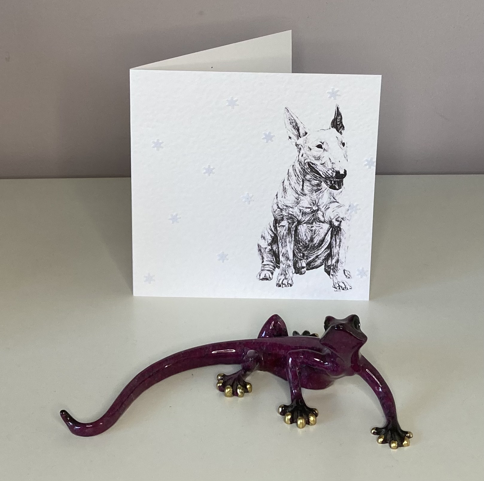 English Bull Terrier with snowflakes Christmas card by Louisa Hill