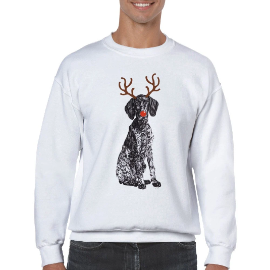 German Short Haired Pointer with reindeer antler and red nose Christmas Jumper by Louisa Hill