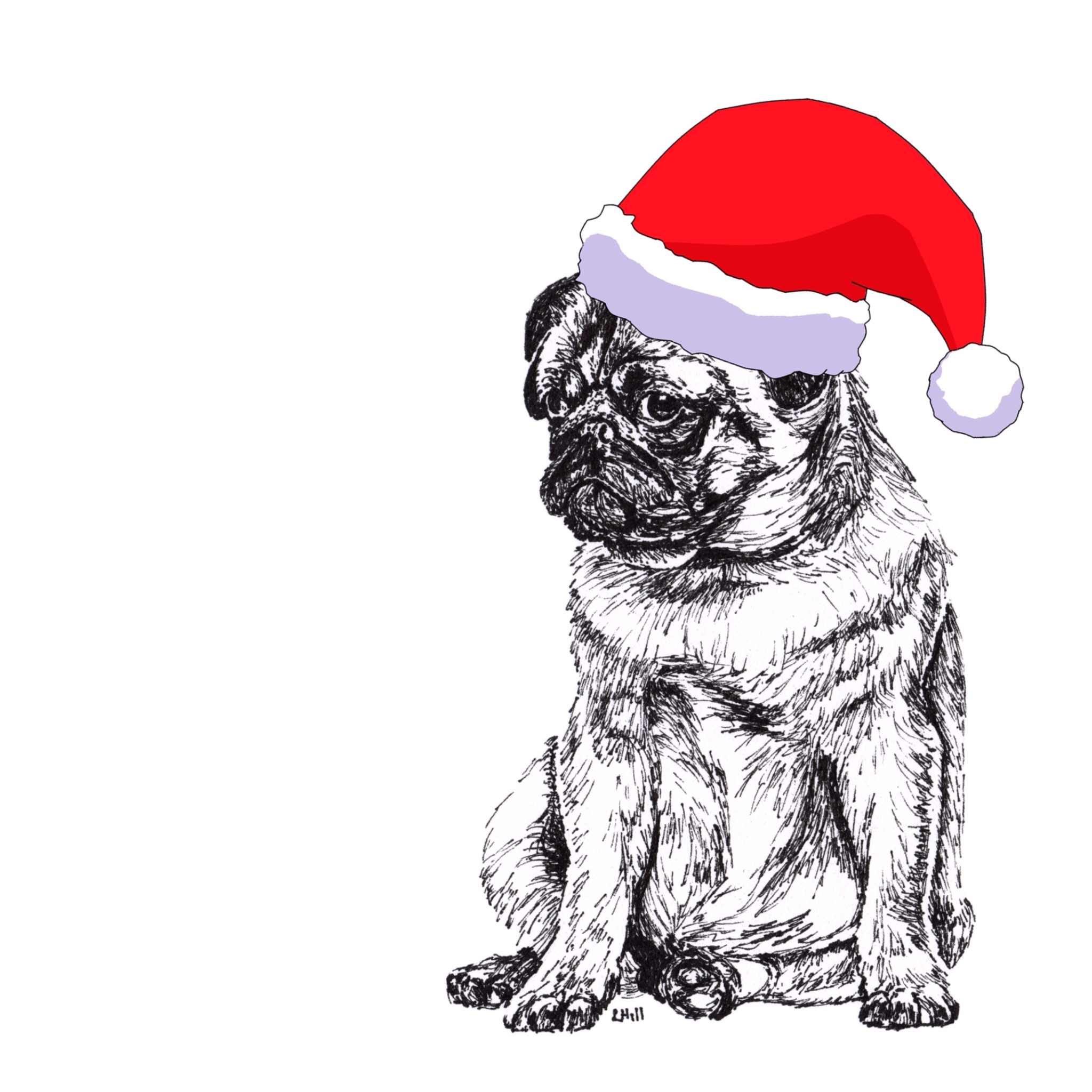 Pug with santa hat Christmas card by Louisa Hill