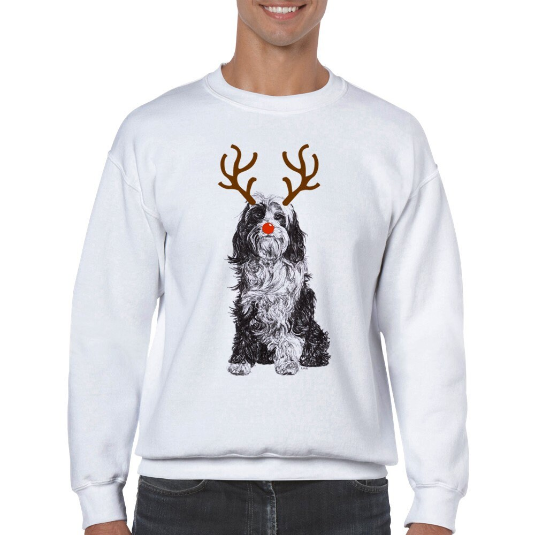 Tibetan Terrier with reindeer antlers and red nose Christmas jumper by Louisa Hill