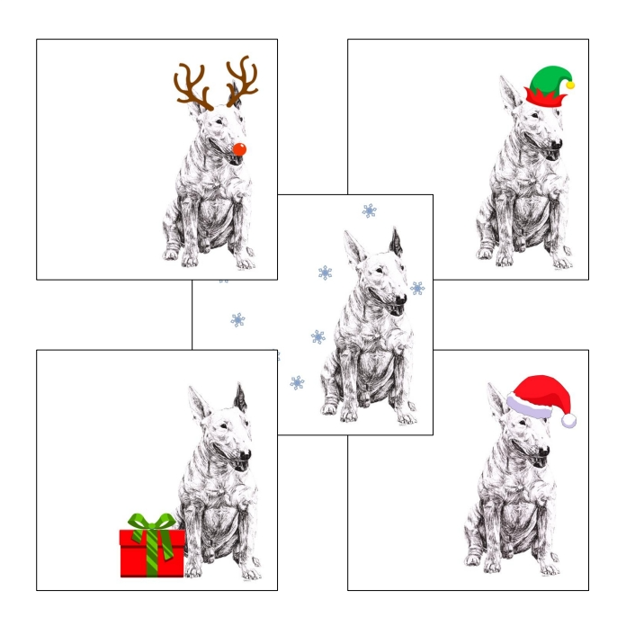 English Bull Terrier with Santa hat Christmas card by Louisa Hill