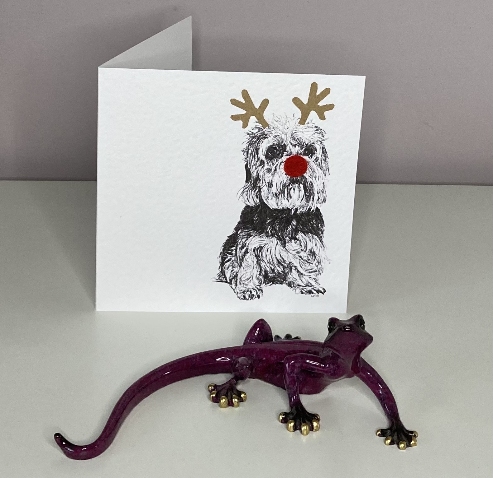 Dandi Dinmont Terrier with reindeer antlers and red nose by Louisa Hill