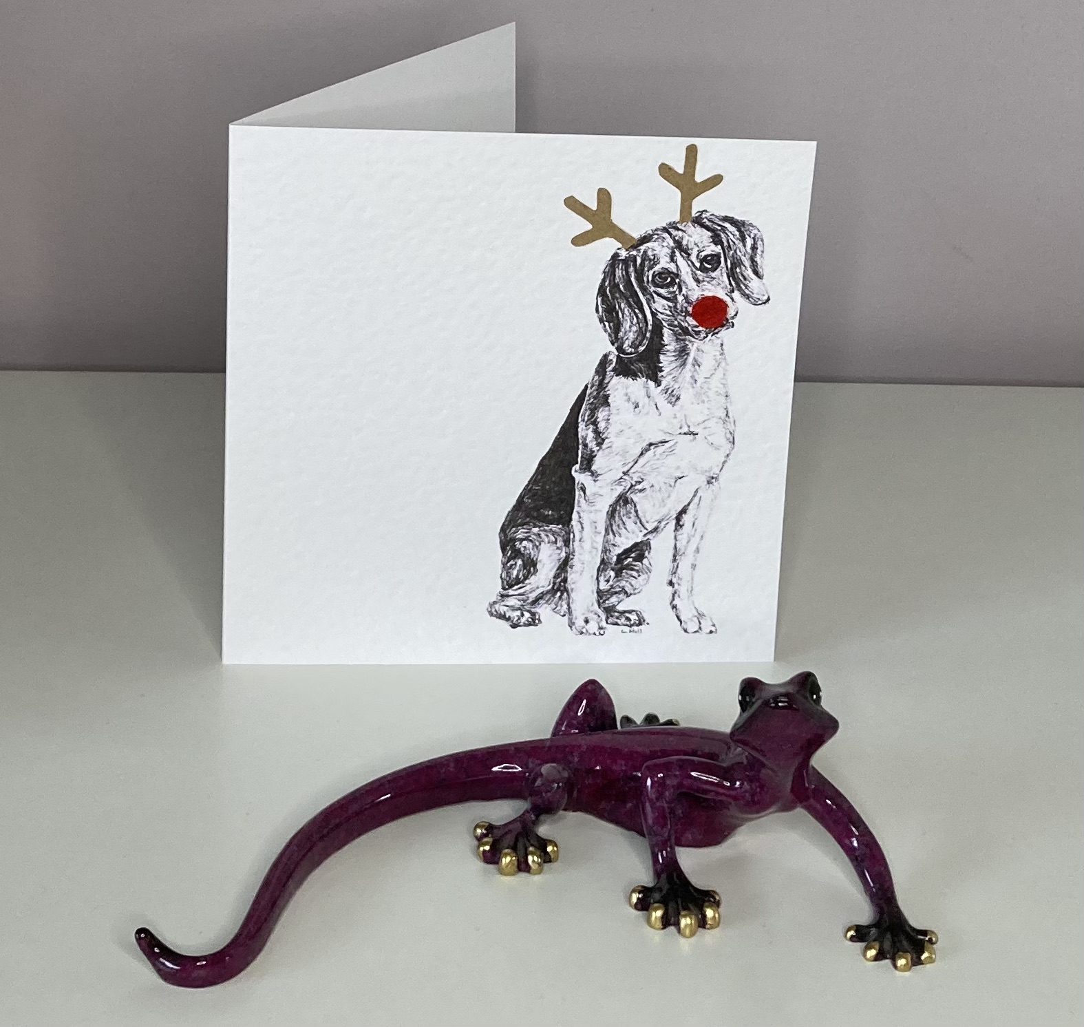 Beagle with reindeer antlers and red nose Christmas card by Louisa Hill