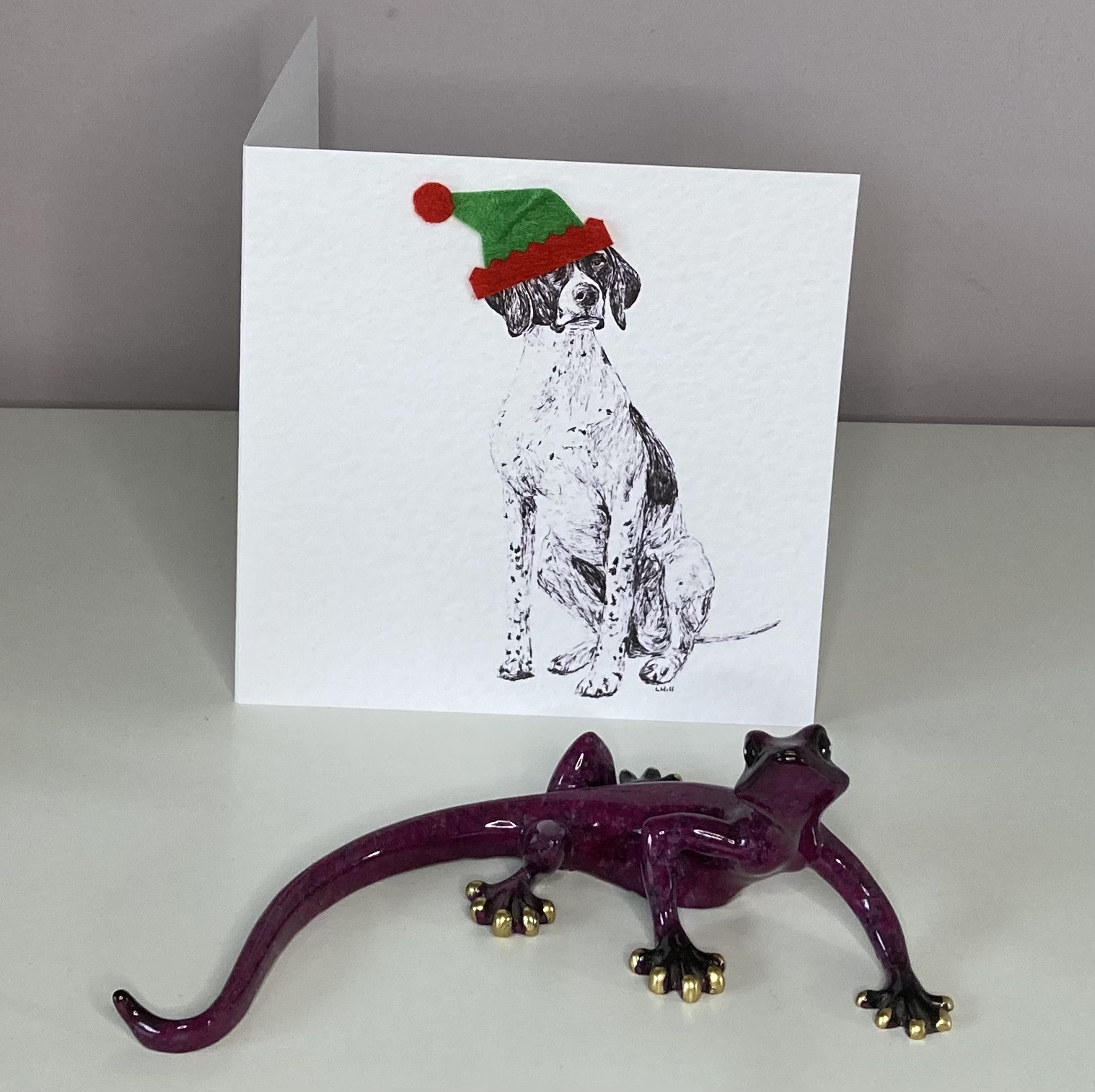 English Pointer with elf hat Christmas card by Louisa Hill