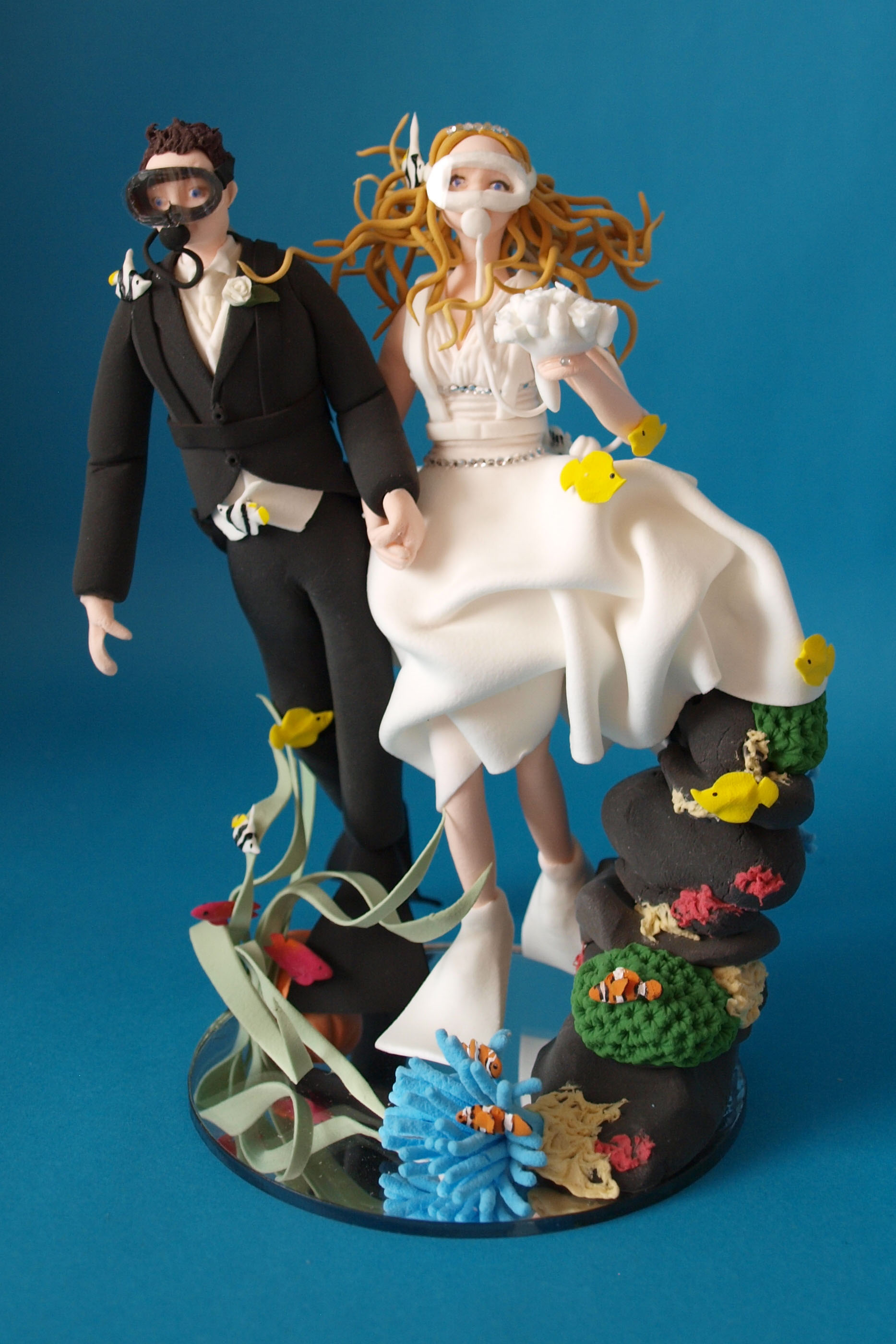 Scuba Diving Bride and groom wedding cake topper by Louisa Hill