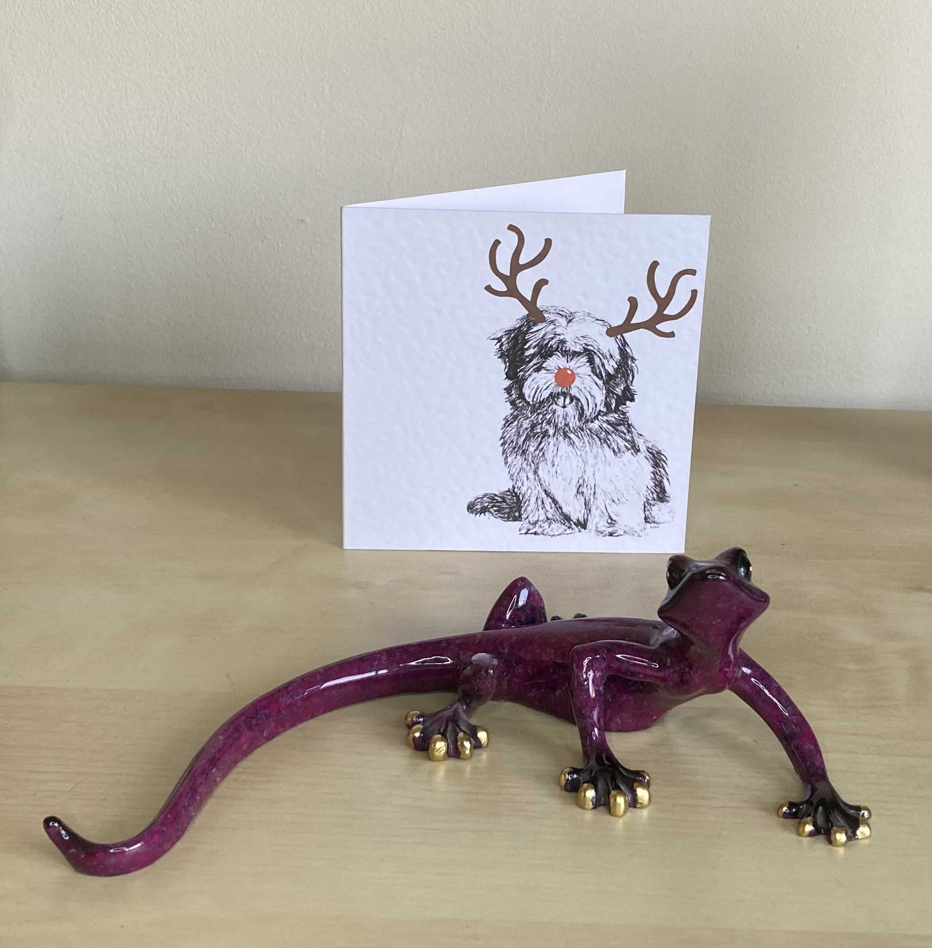 Lhasa Apso with reindeer antlers and red nose Christmas card by Louisa Hill