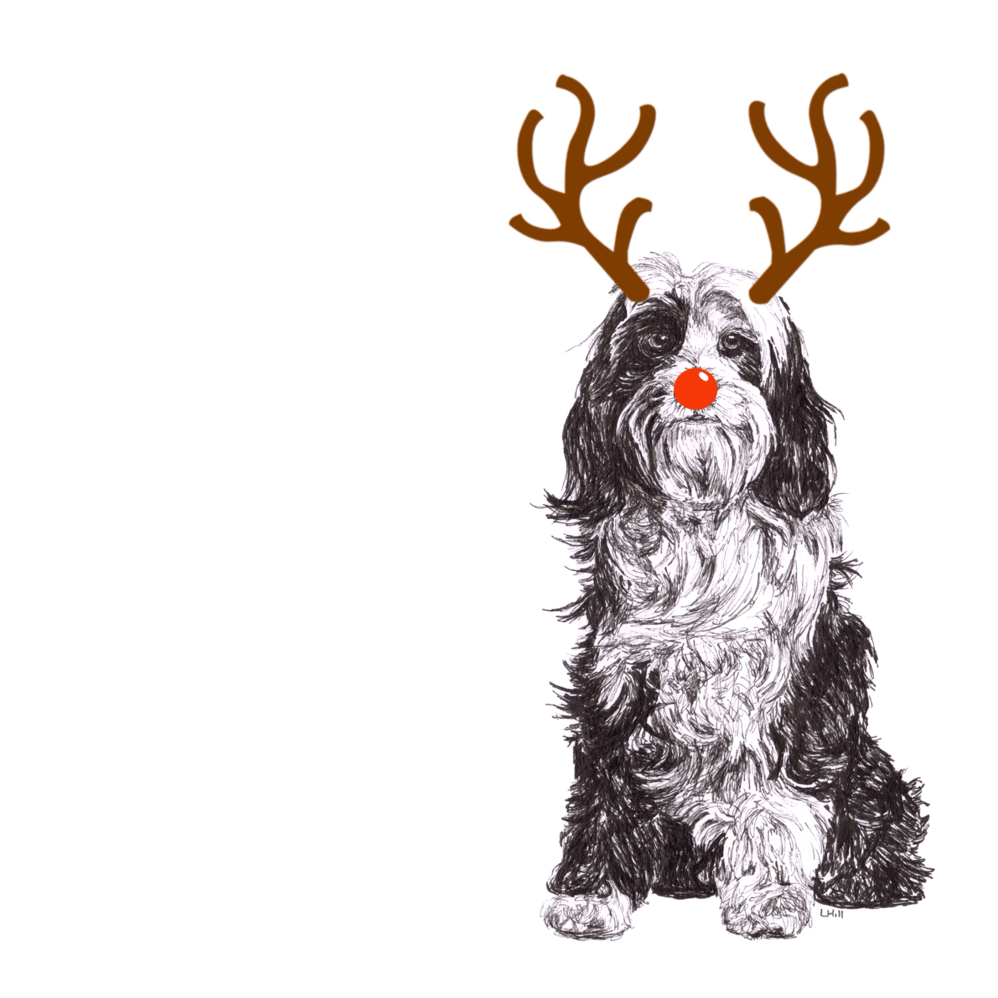 Tibetan Terrier with reindeer antlers and red nose Christmas card by Louisa Hill