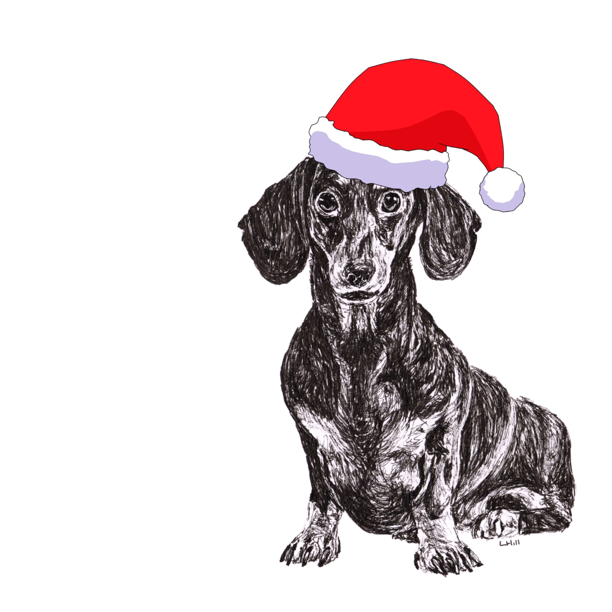 Dachshund in Santa hat Christmas cards by Louisa Hill