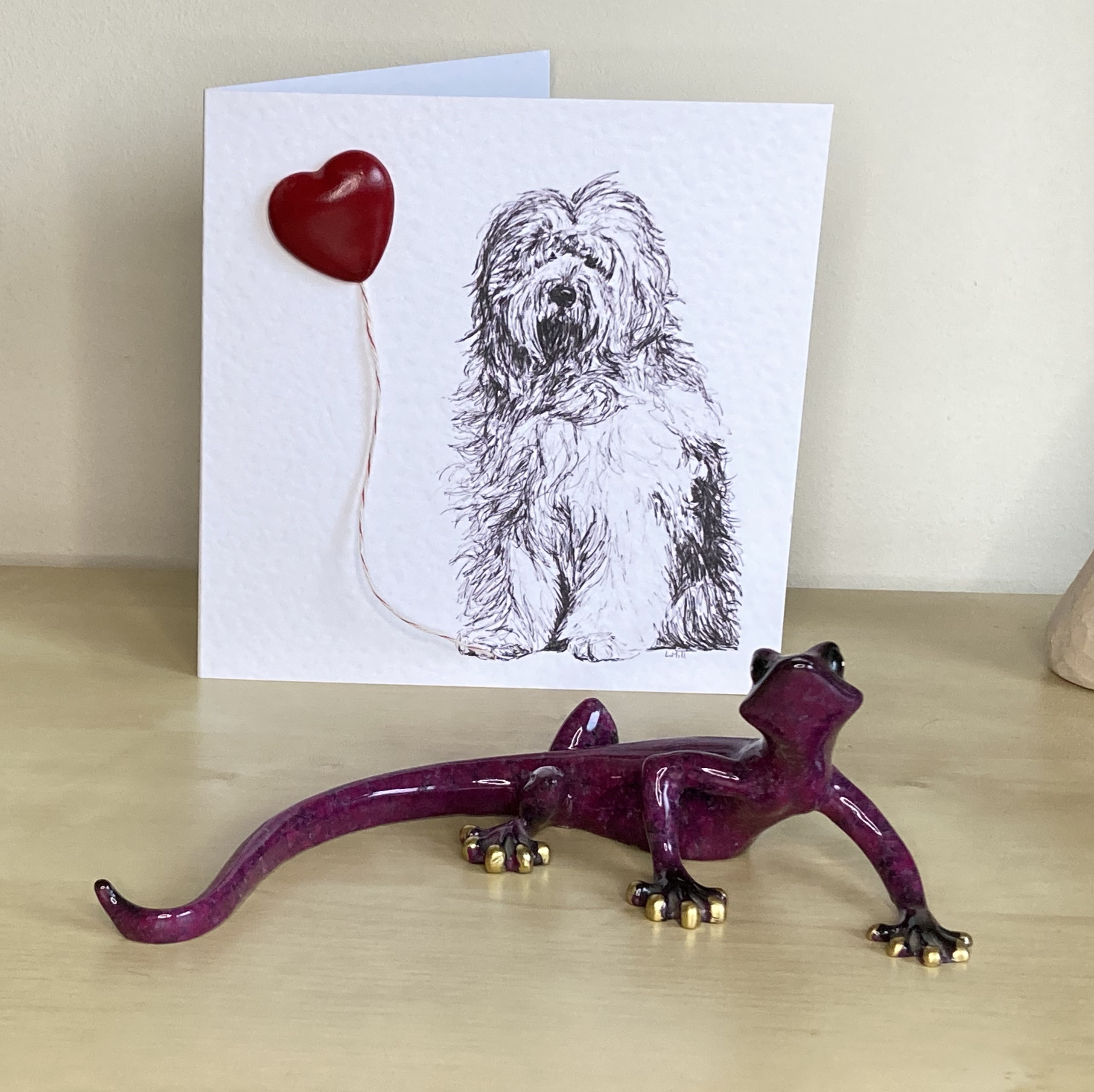 Old English Sheepdog 15cm greetings card with 3D red heart balloon