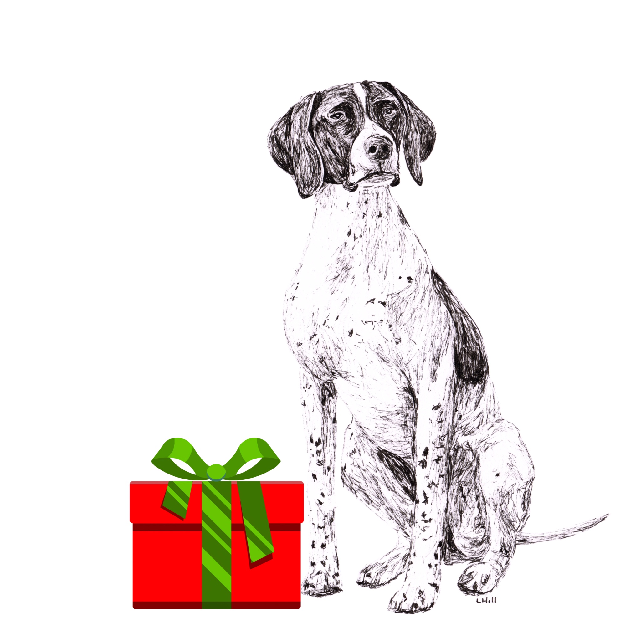 English Pointer with reindeer antlers and red nose Christmas card by Louisa Hill