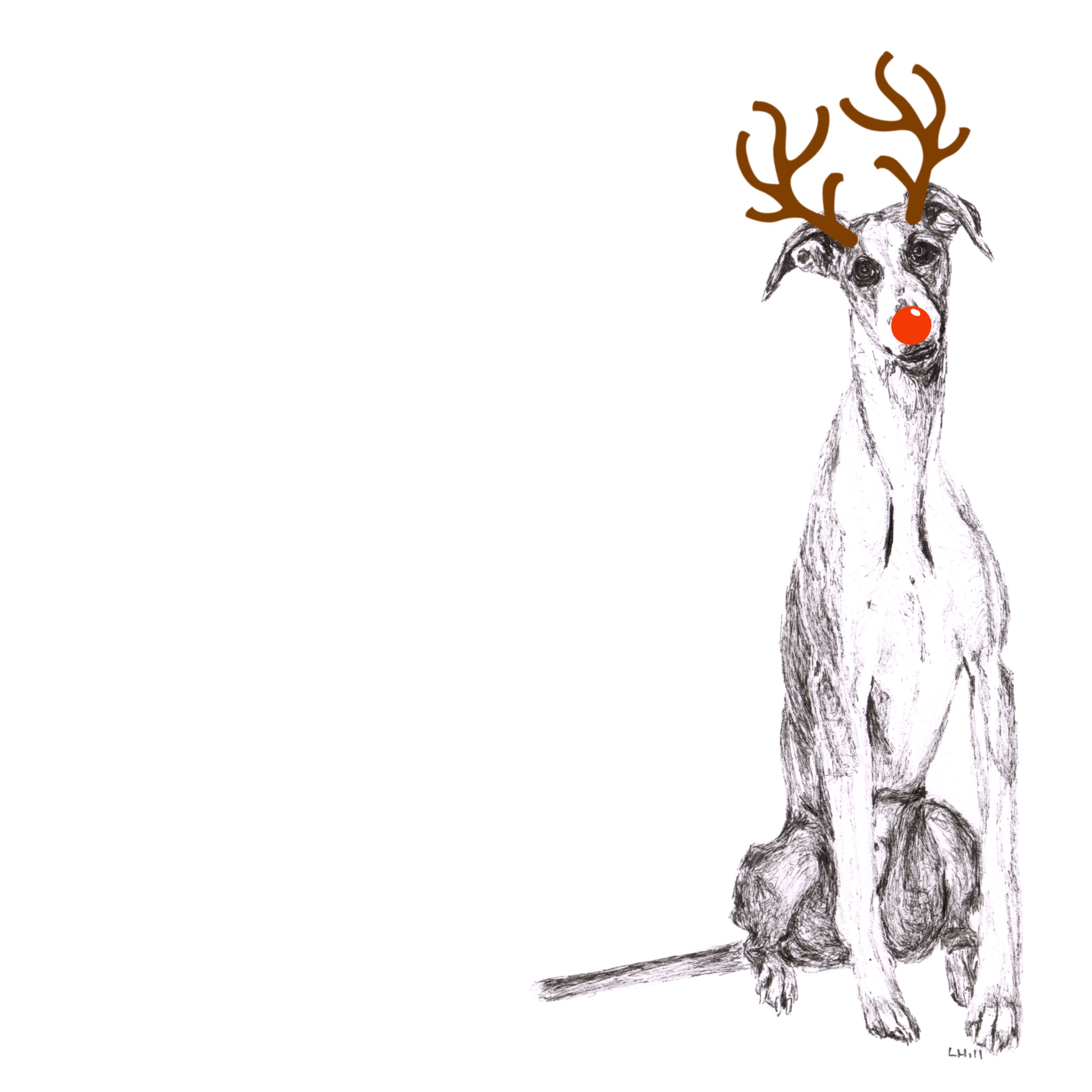 Whippet with reindeer antlers and red nose Christmas card by Louisa Hill