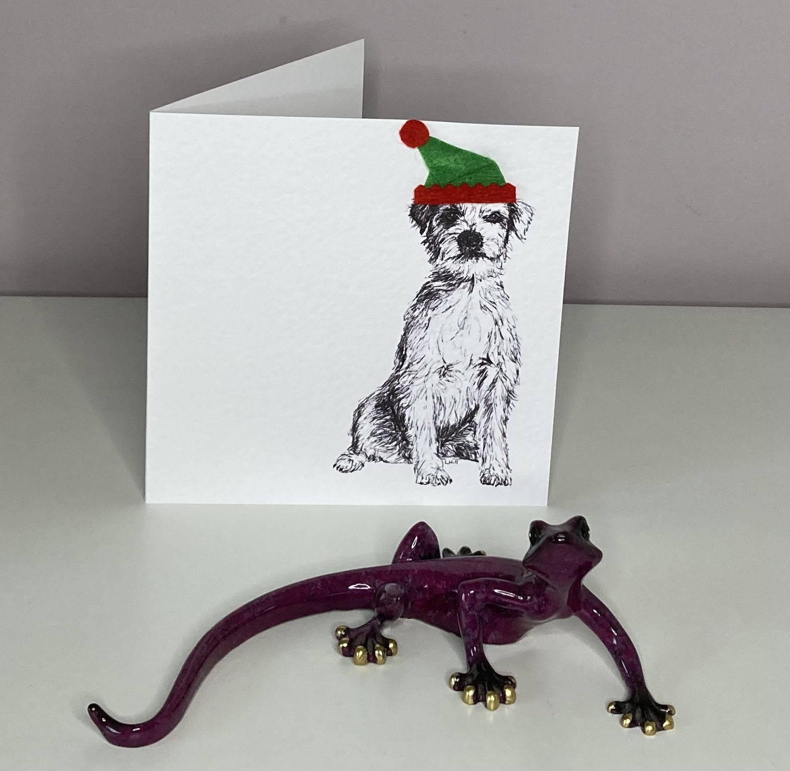 Parson Russell Terrier with elf hat Christmas card by Louisa Hill