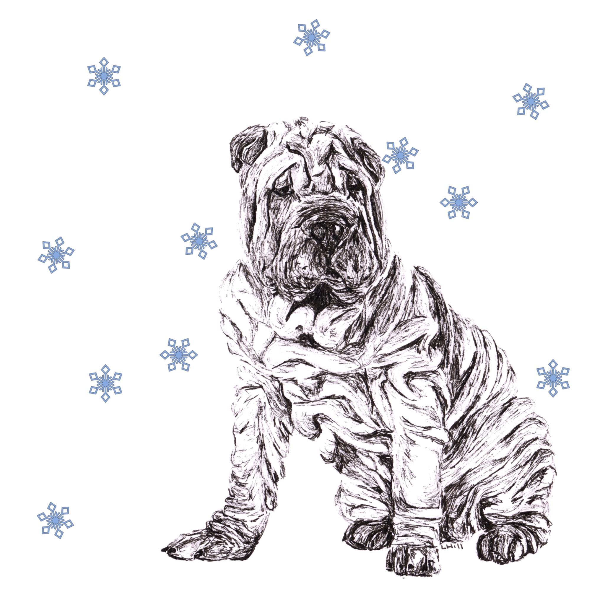 Shar Pei with reindeer antlers and red nose Christmas card by Louisa Hill