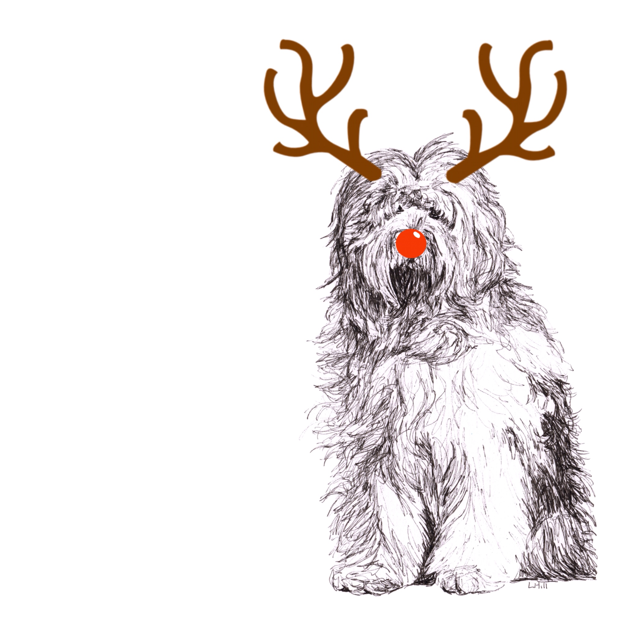 Old English Sheepdog with reindeer antlers and red nose Christmas card by Louisa Hill