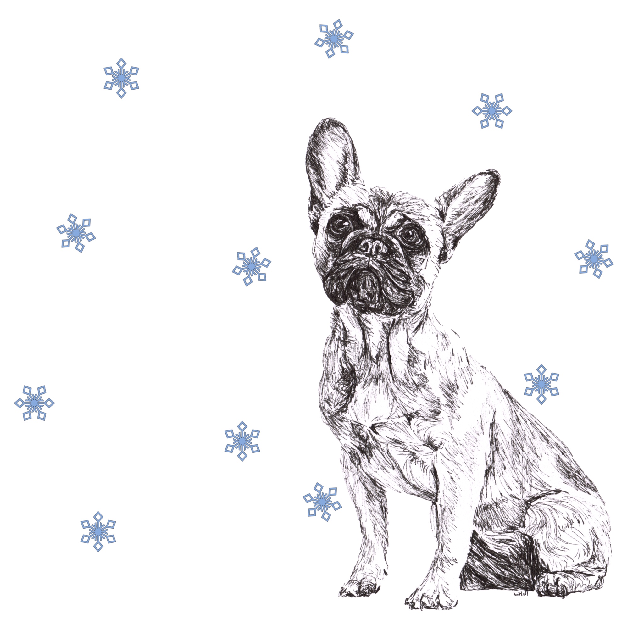 French Bulldog with reindeer antlers and red nose Christmas card by Louisa Hill