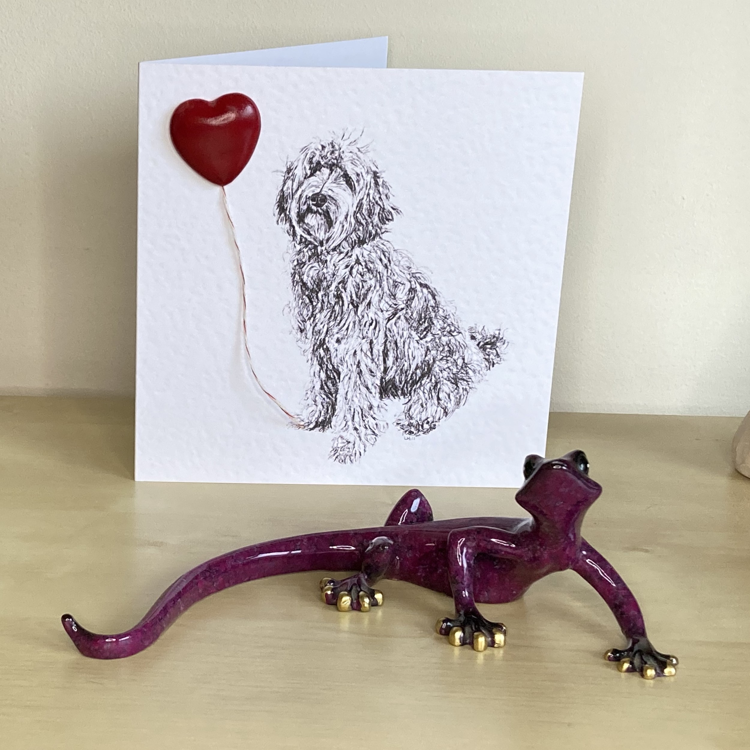 Labradoodle 15cm greetings card with 3D red heart balloon