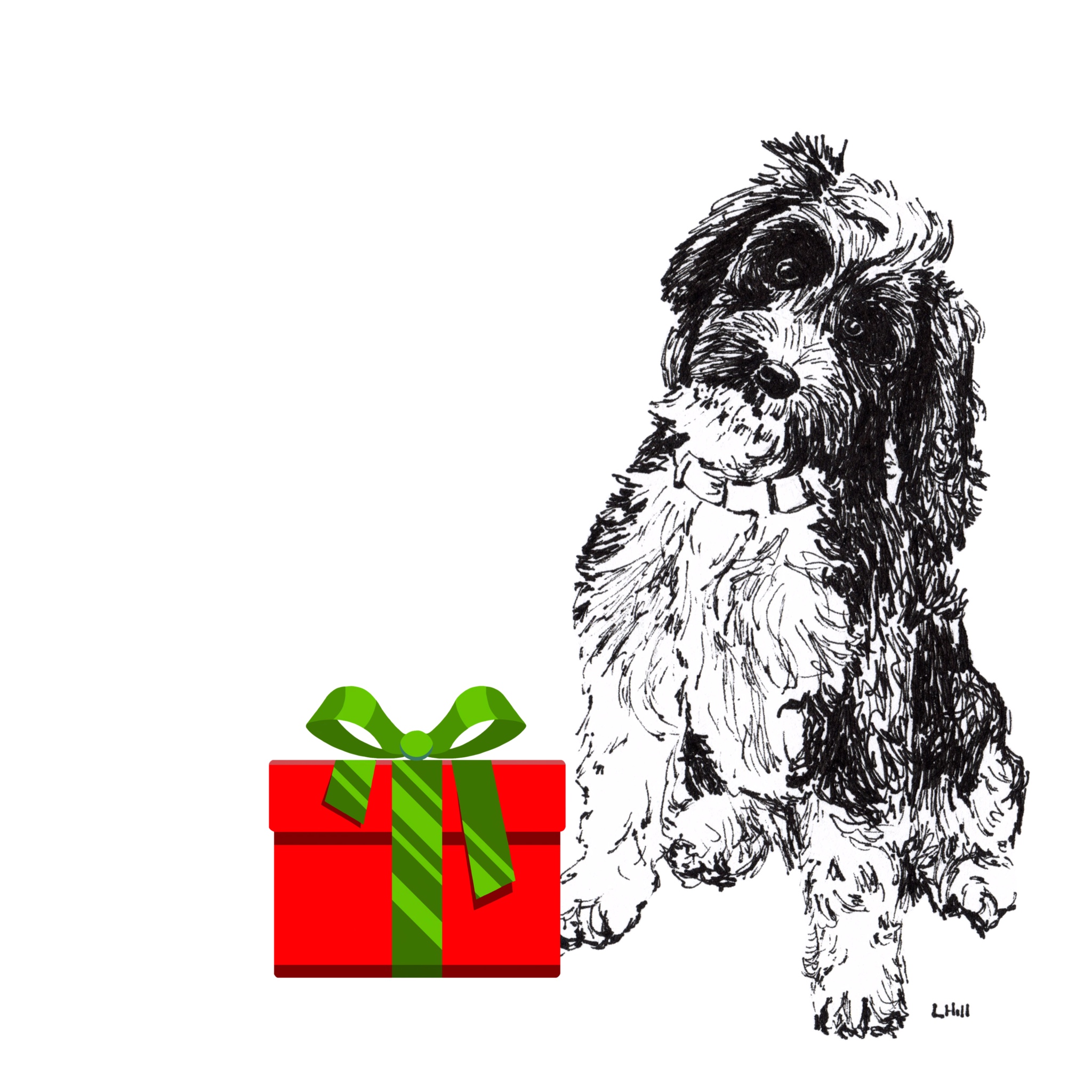 Cockapoo with Santa hat Christmas card by Louisa Hill