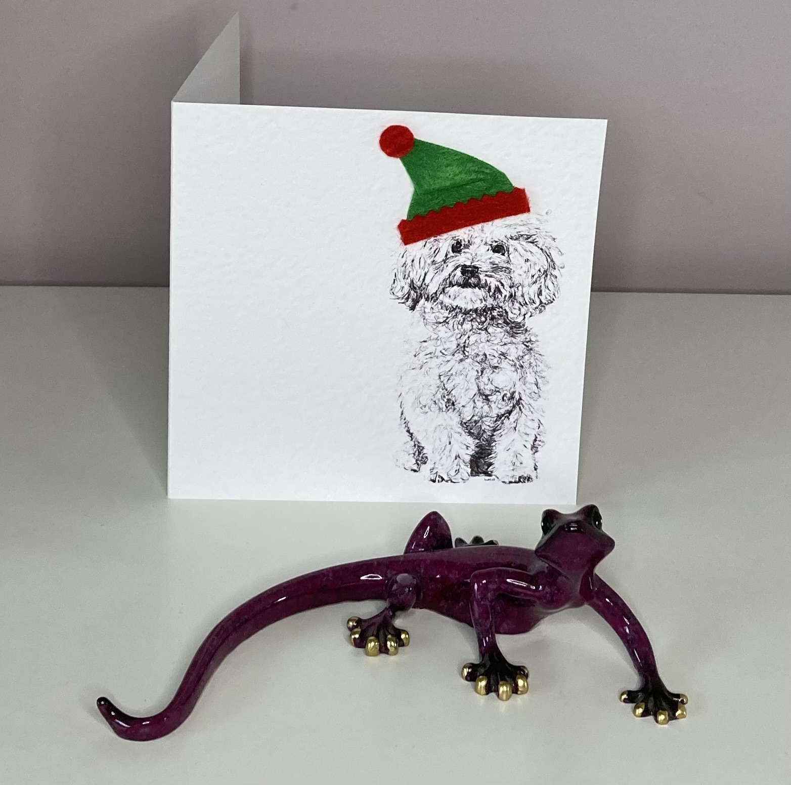 Bichon Frise with elf hat Christmas card by Louisa Hill