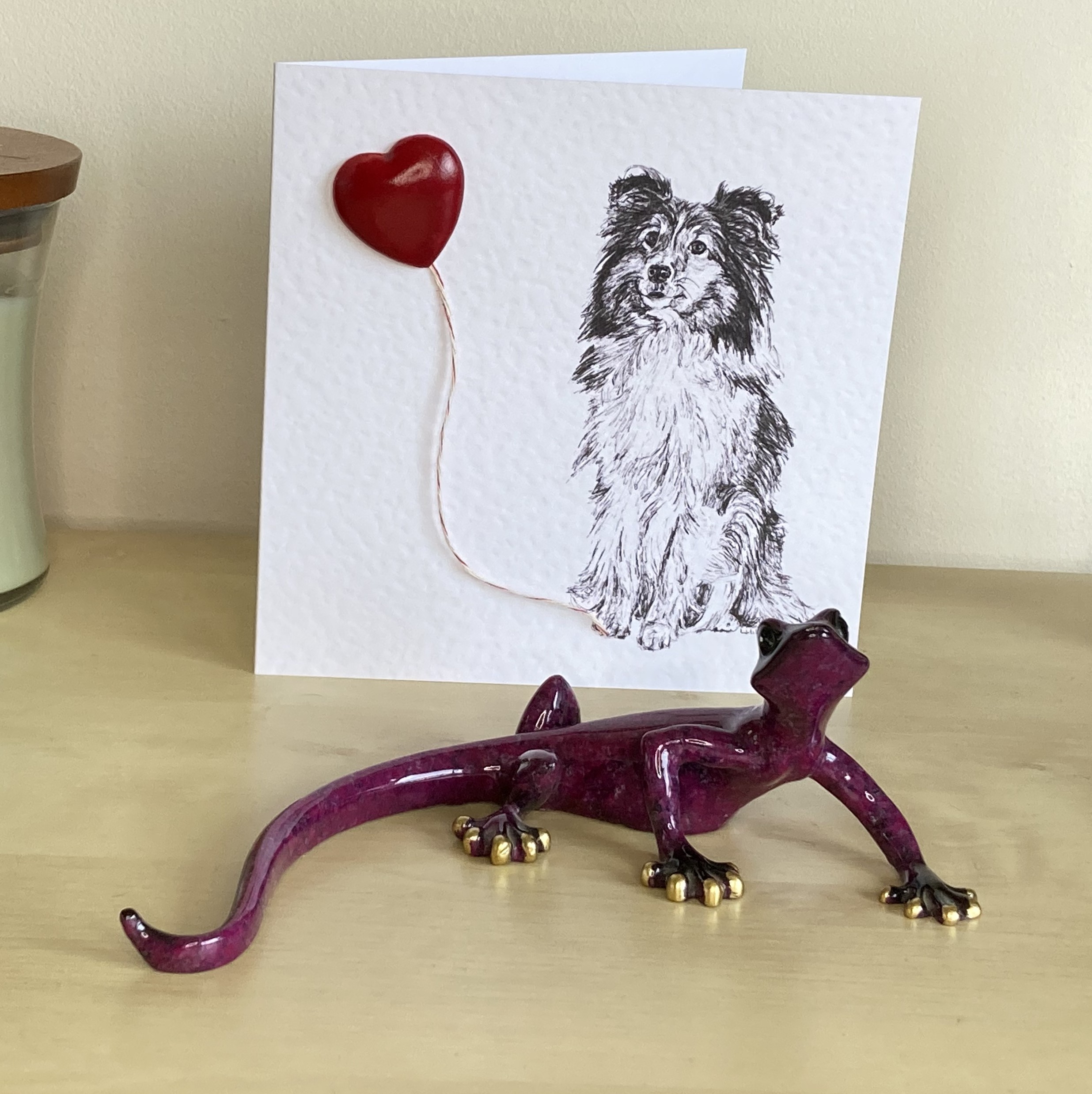 Shetland Sheepdog 15cm greetings card with 3D red heart balloon