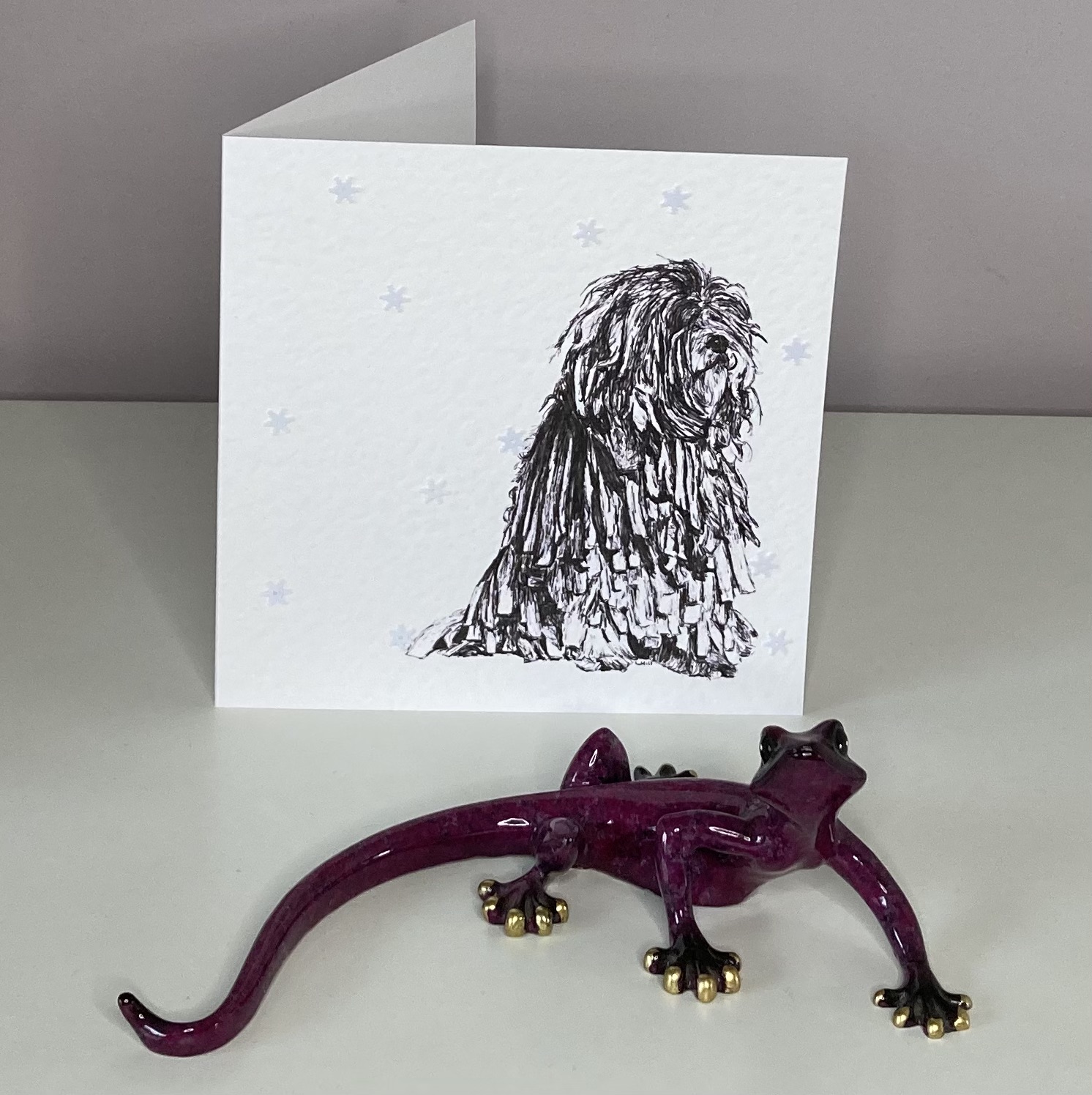 Bergamasco with snowflakes Christmas card by Louisa Hill