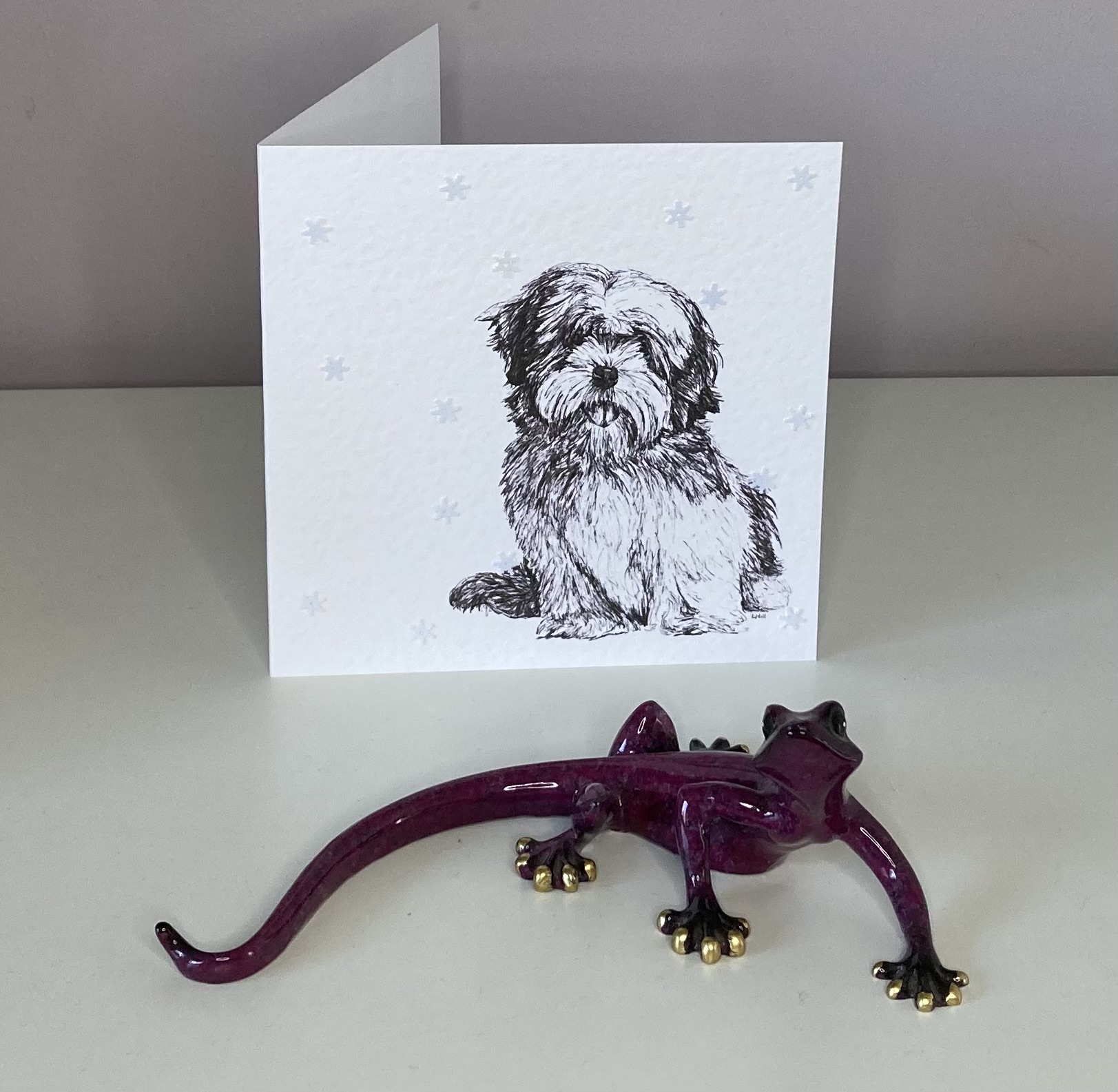 Lhasa Apso with snowflakes Christmas card by Louisa Hill