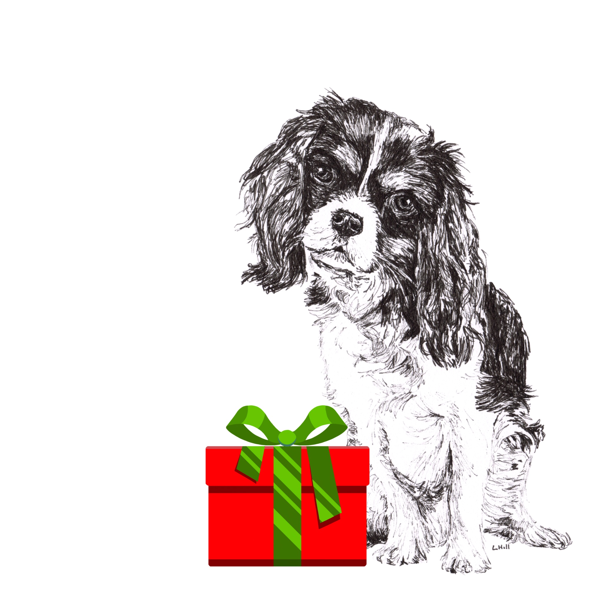 Cavalier King Charles Spaniel with Santa hat Christmas card by Louisa Hill