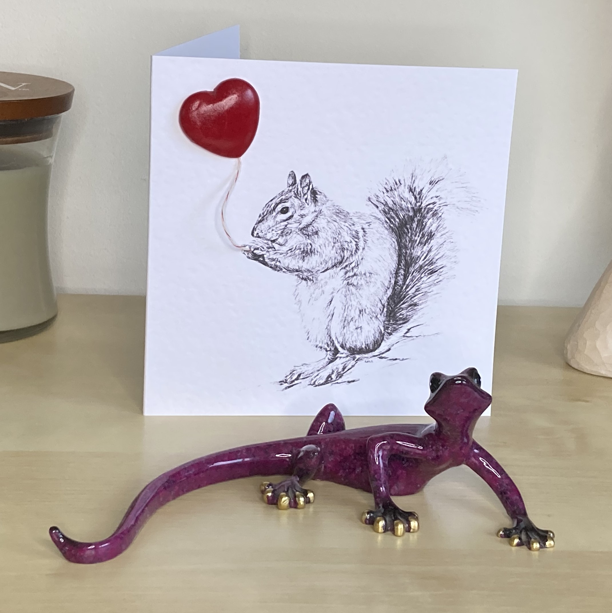 Squirrel 15cm greetings card with 3D red heart balloon