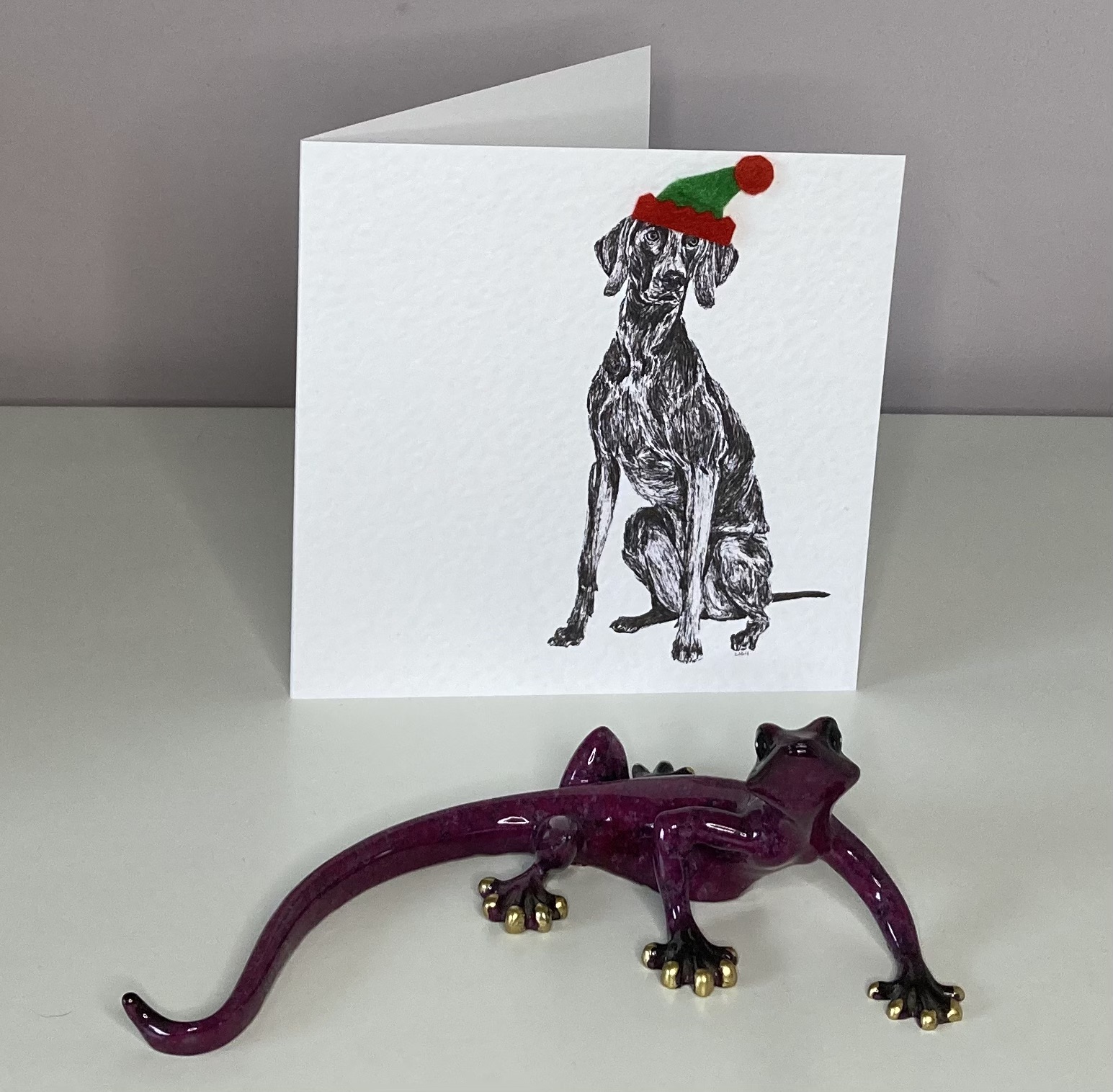 Weimaraner with elf hat Christmas card by Louisa Hill