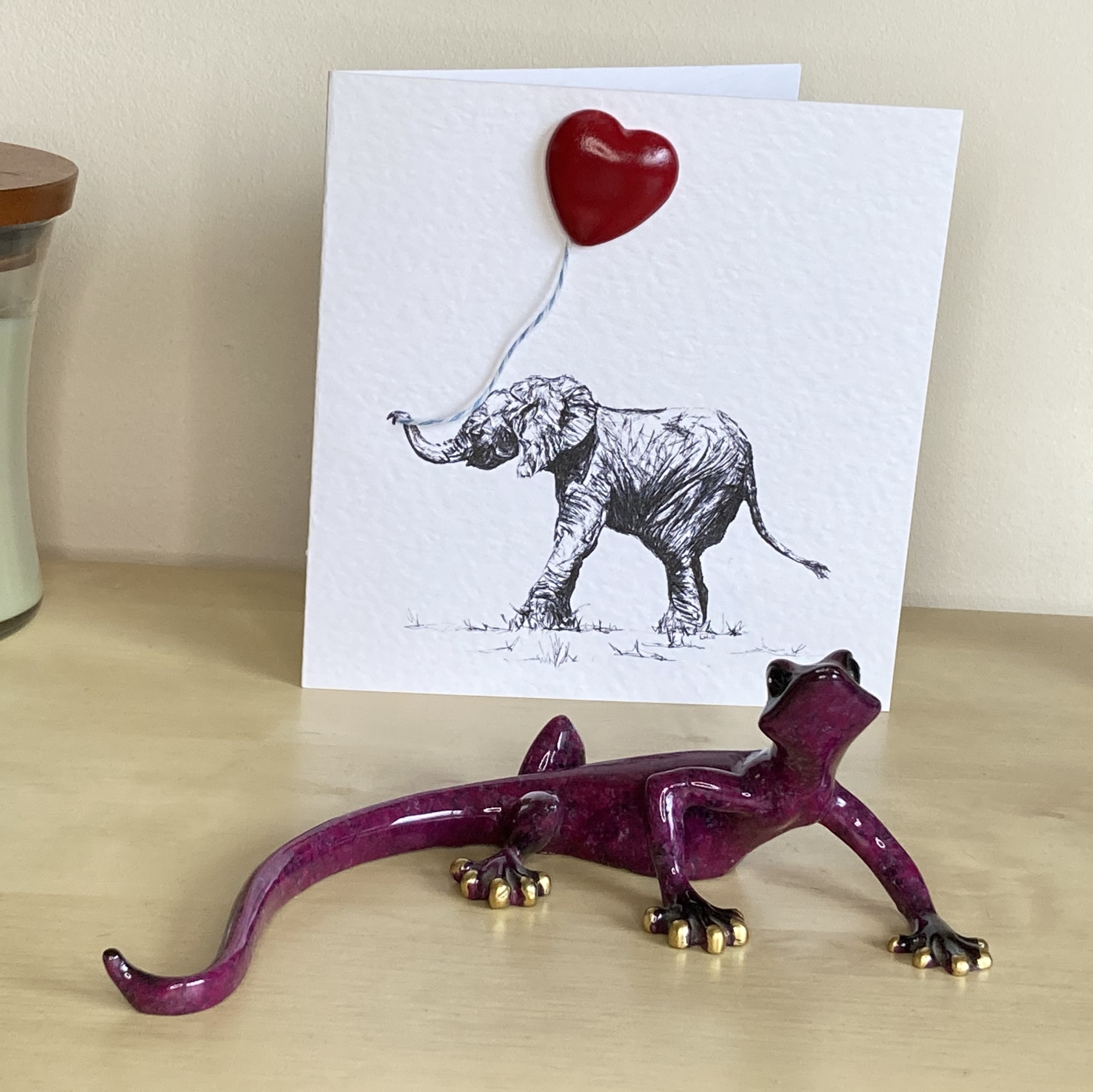 Baby elephant 15cm greetings card with 3D red heart balloon by Louisa Hill