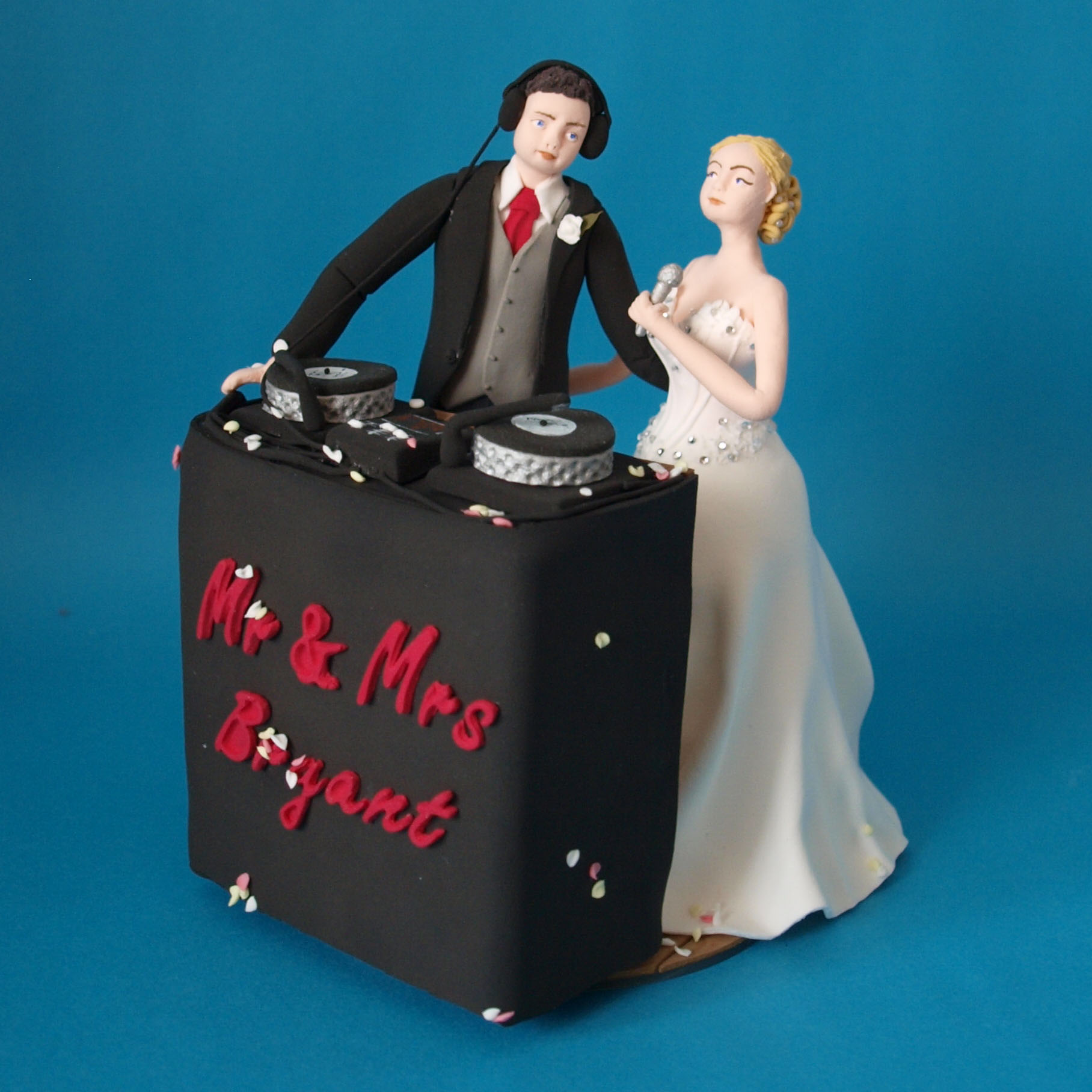 DJ bride and groom with flags wedding cake topper with cats by Louisa Hill