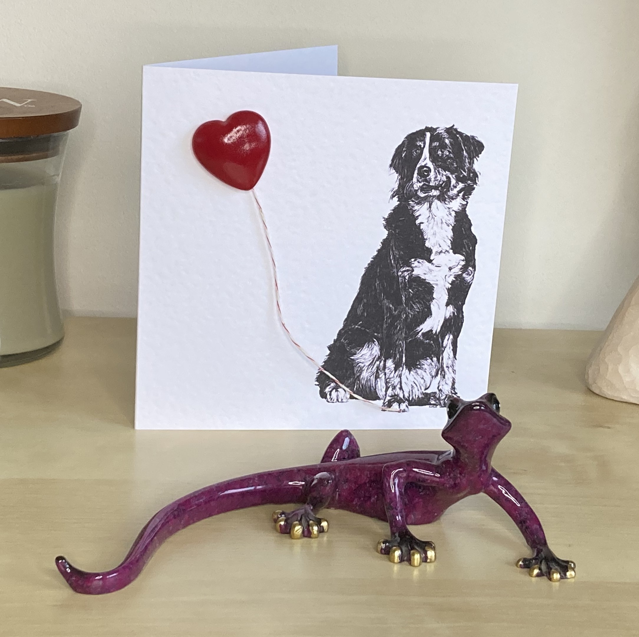 Young Bernese Mountain 15cm greetings card with 3D red heart balloon