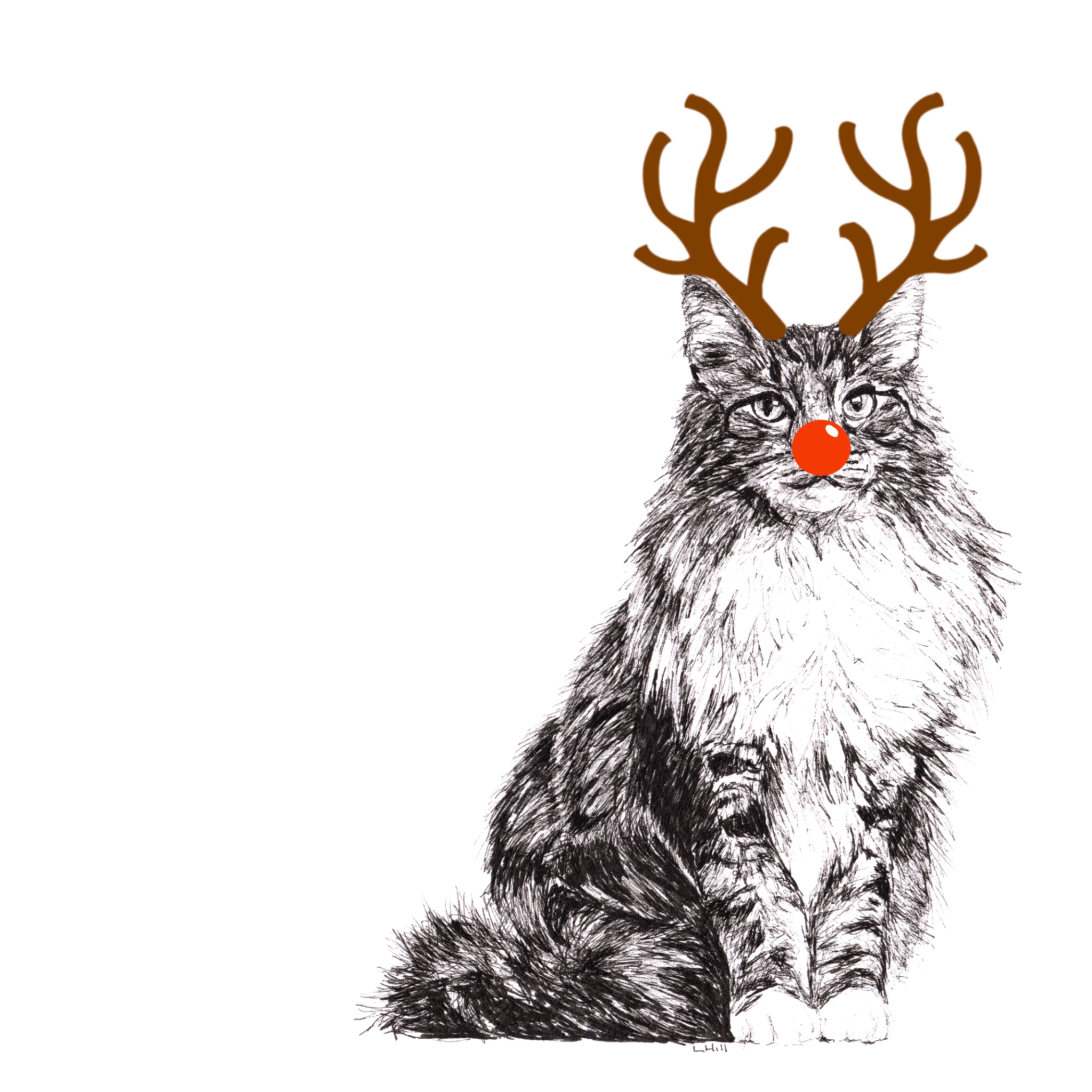 Norwegian Forest with reindeer antlers and red nose Christmas card by Louisa Hill