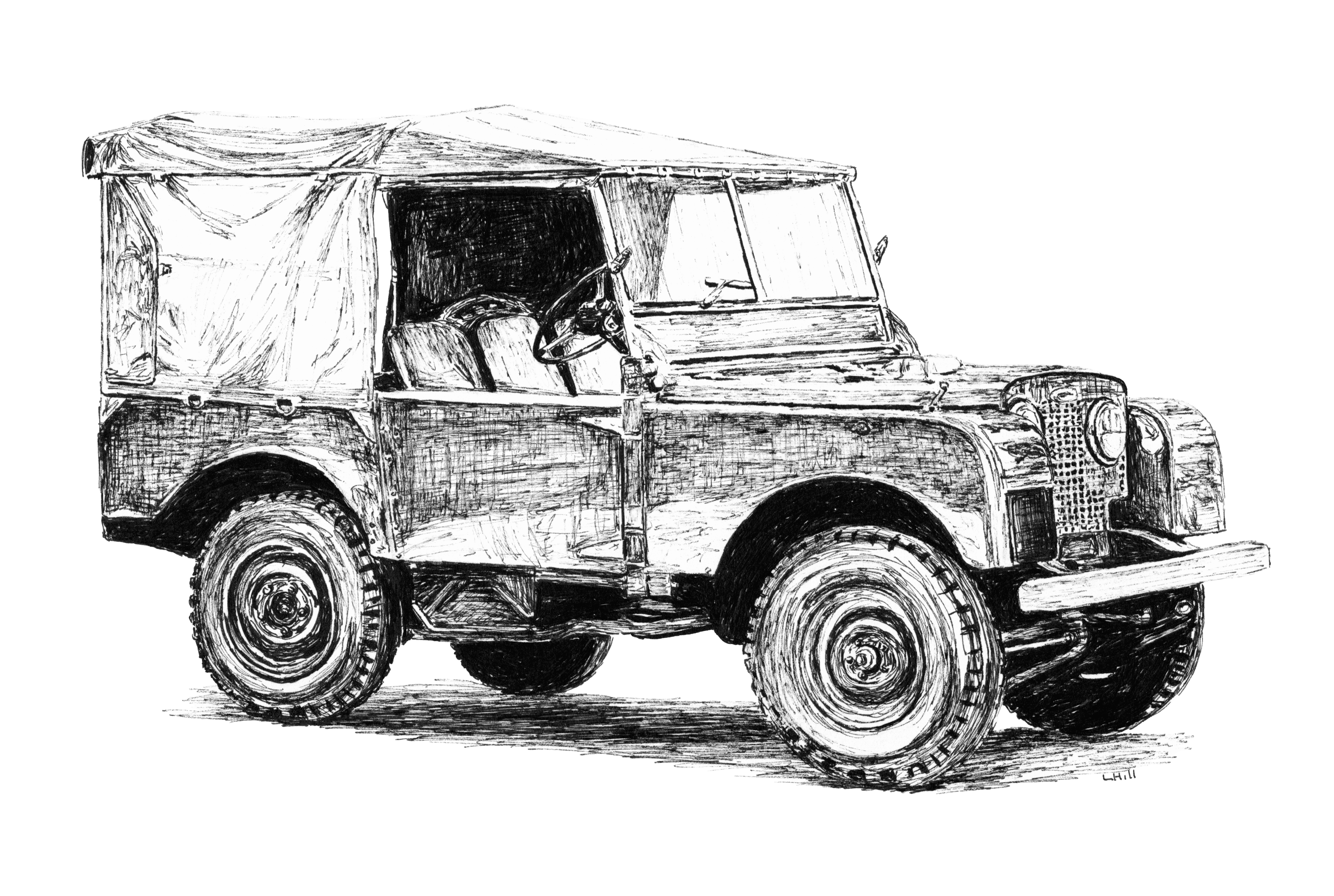 Land Rover pen and ink illustration by Louisa Hill