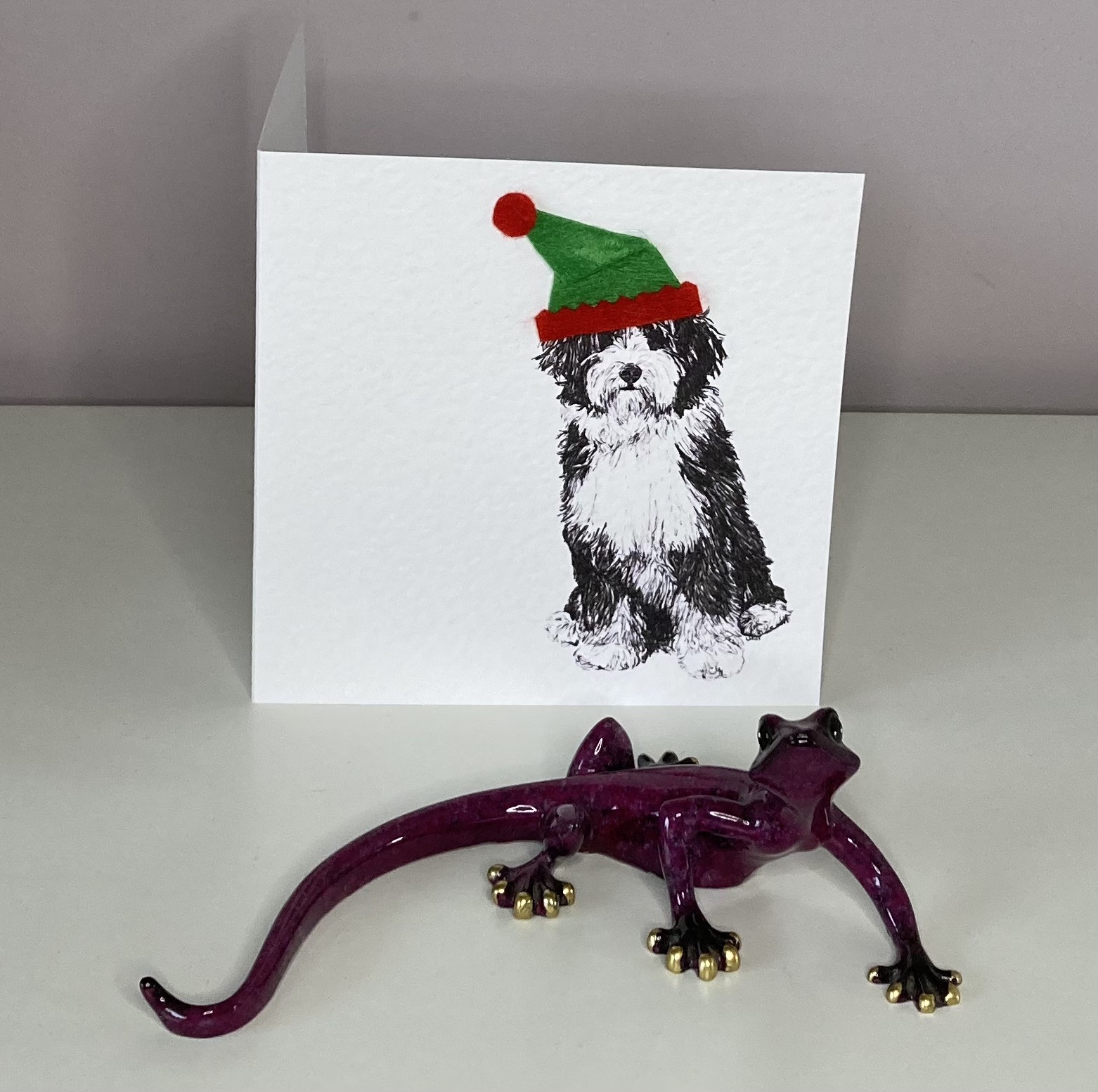 Bernedoodle with elf hat Christmas card by Louisa Hill