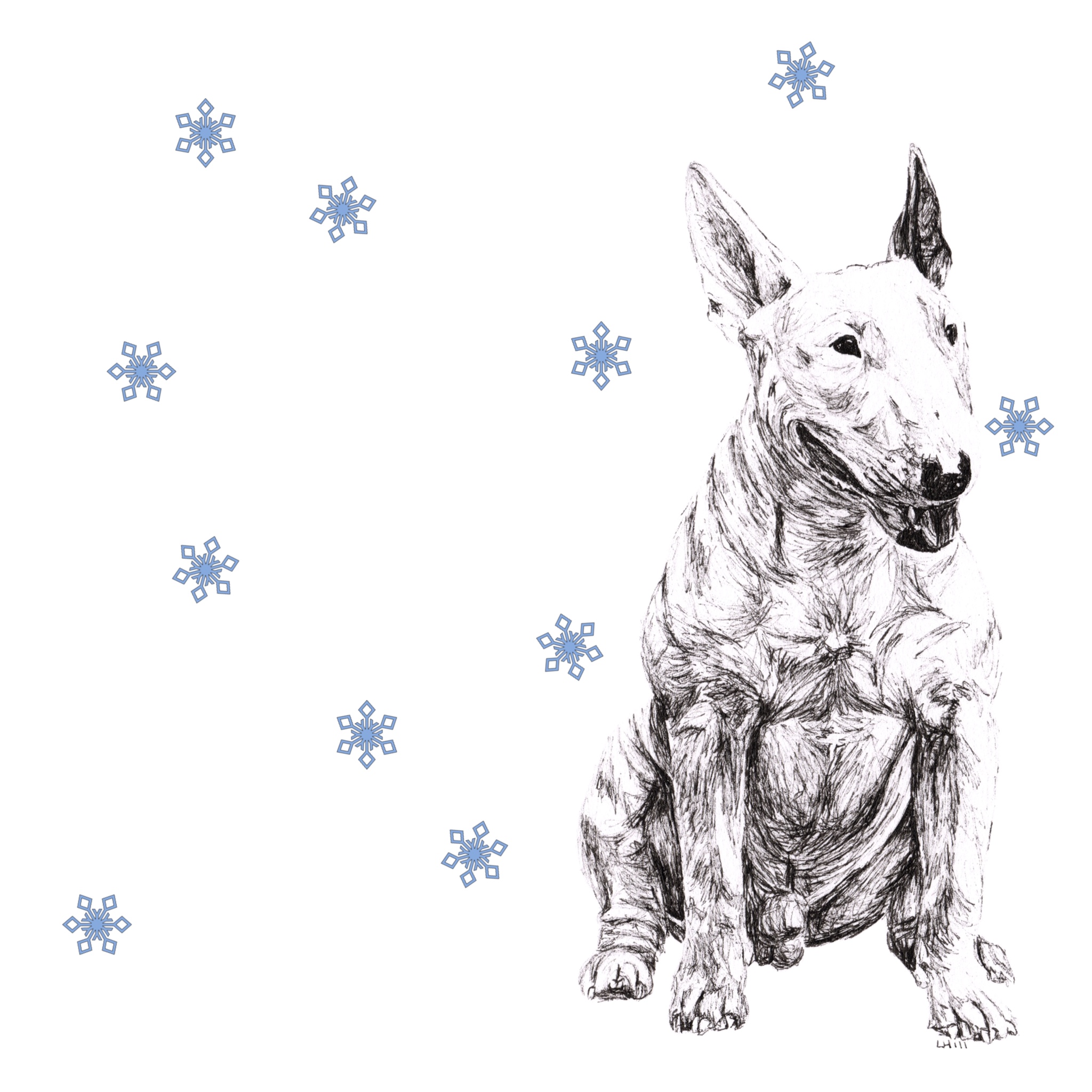 English Bull Terrier with reindeer antlers and red nose Christmas card by Louisa Hill