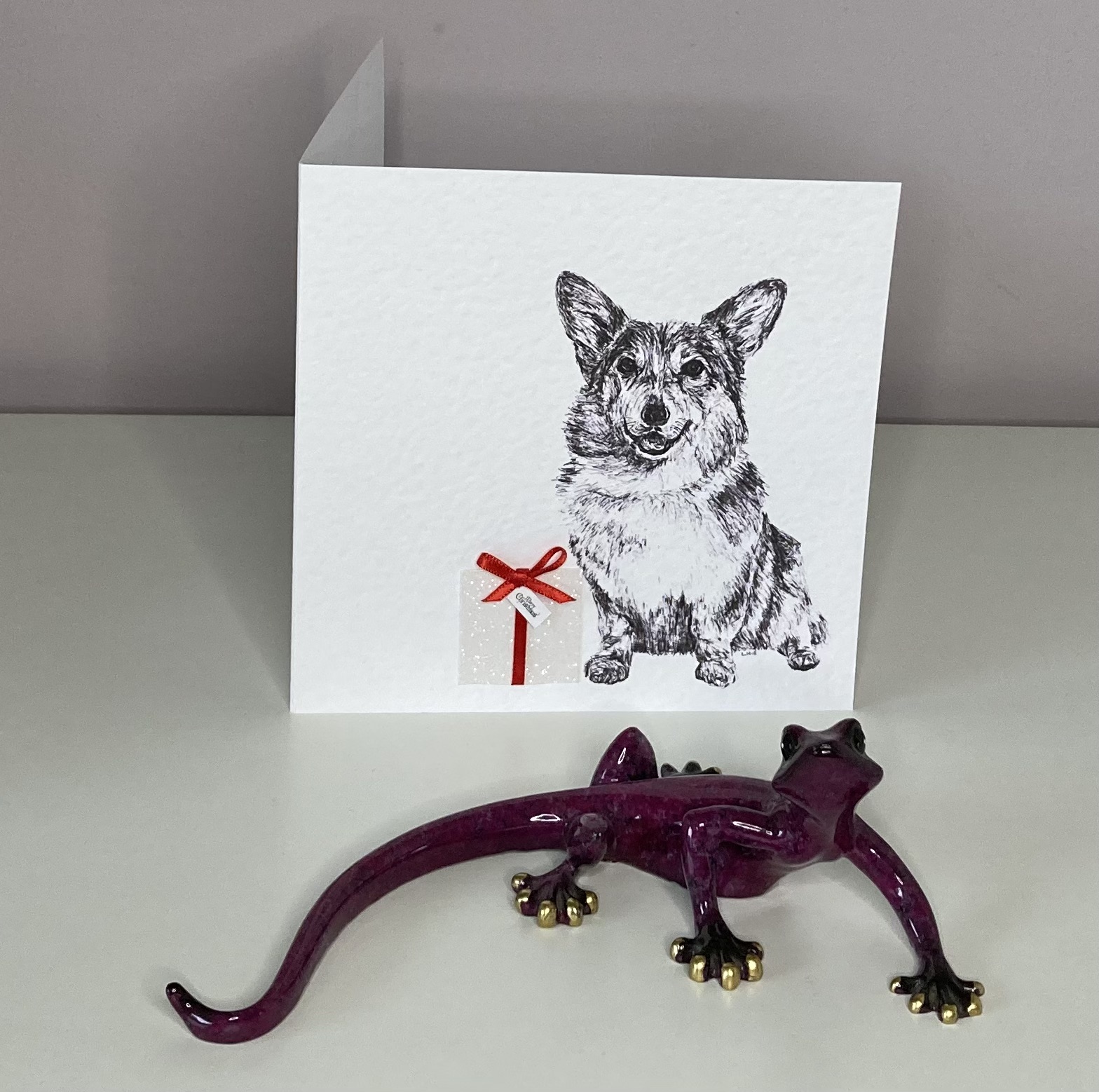 Pembroke Welsh Corgi with Christmas present Christmas cards by Louisa Hill