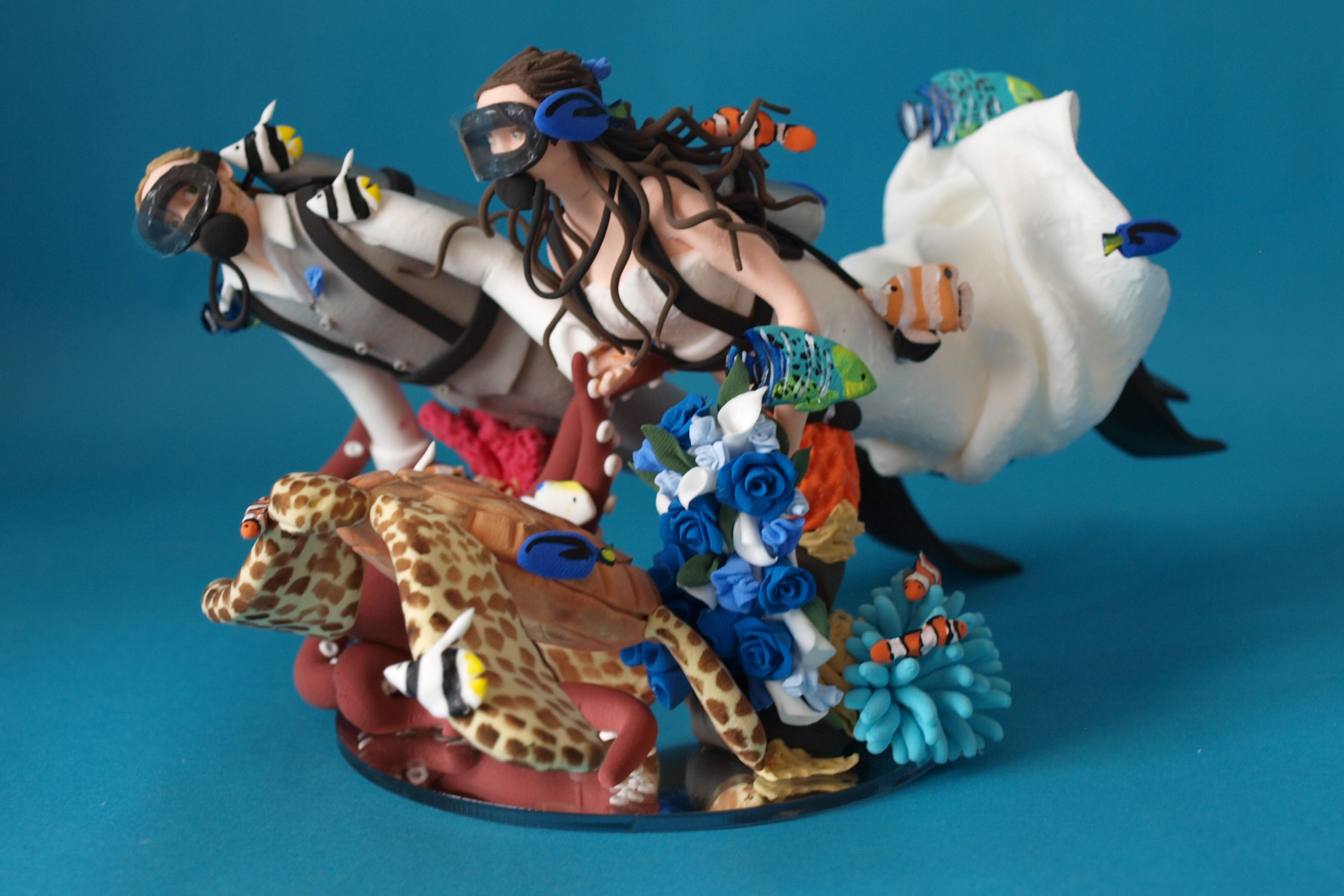 Scuba Diving Bride and groom with sea turtle and octopus wedding cake topper by Louisa Hill