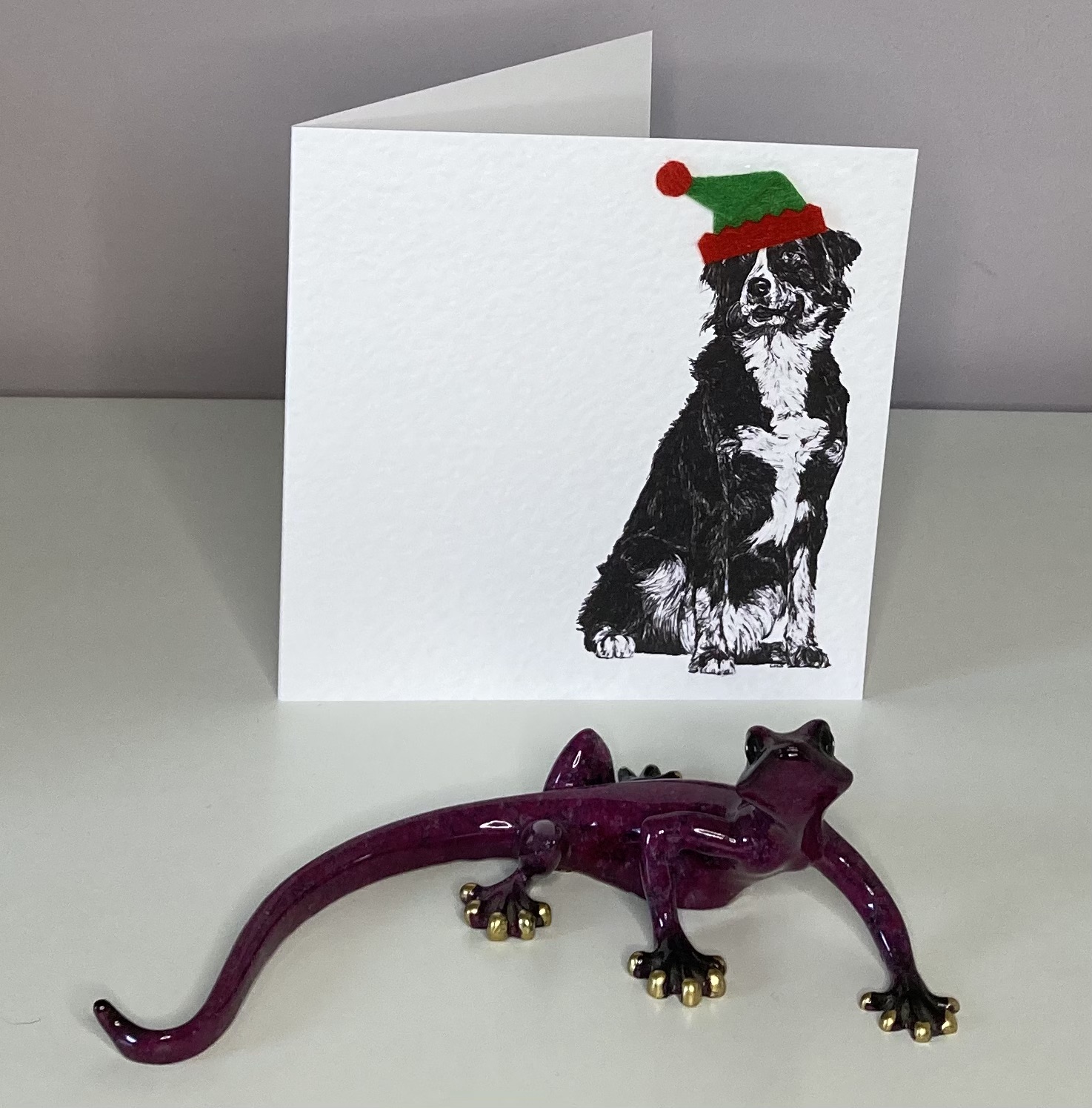 Young Bernese Mountain with elf hat Christmas card by Louisa Hill