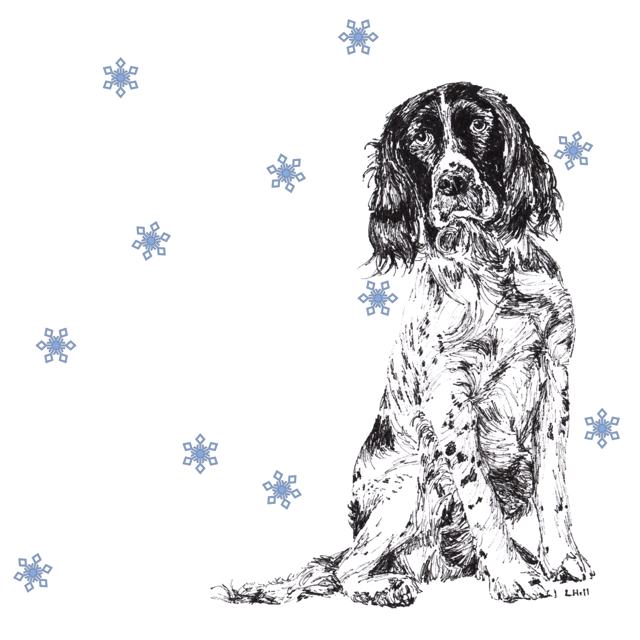 Springer Spaniel with reindeer antlers and red nose Christmas card by Louisa Hill