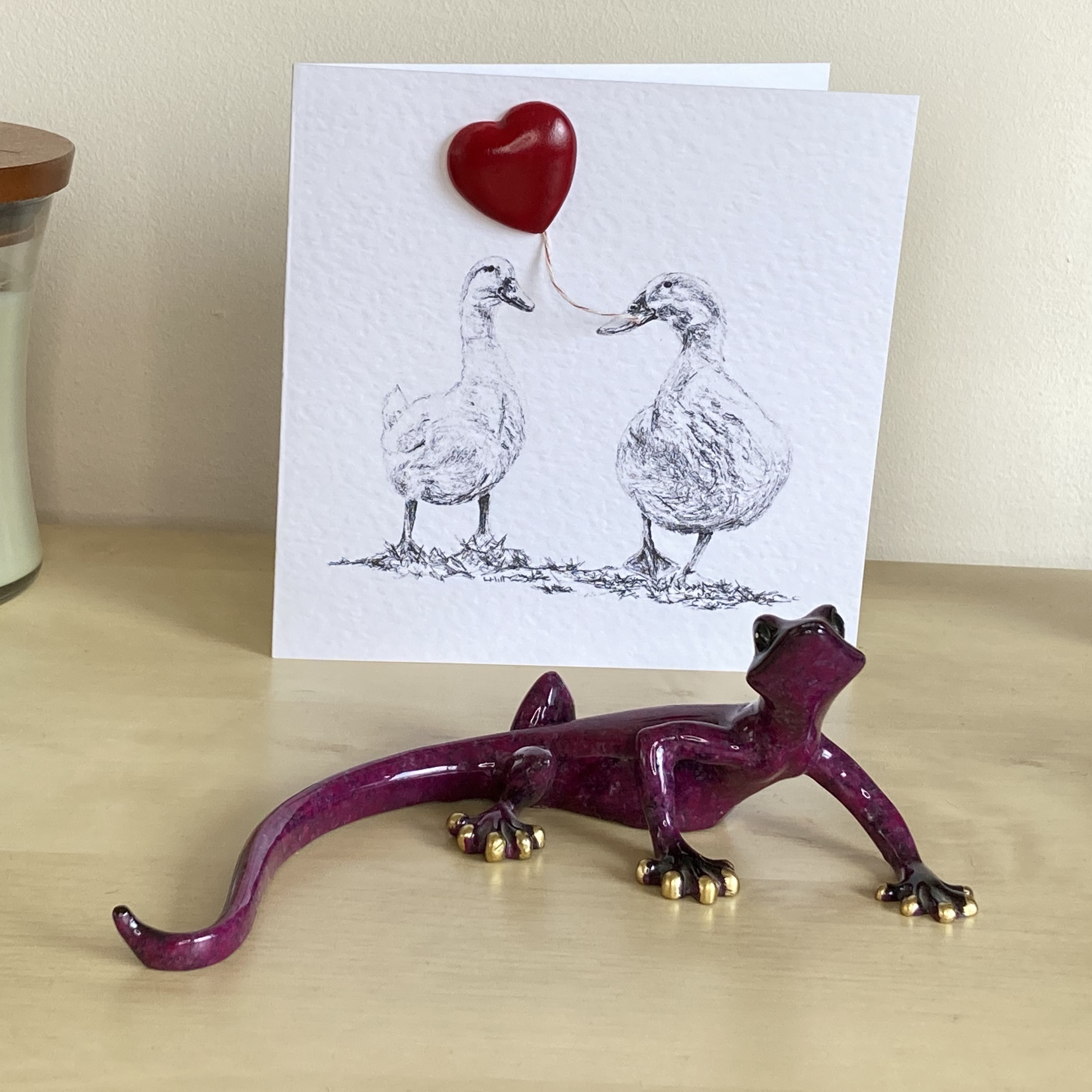 White Geese 15cm greetings card with 3D red heart balloon