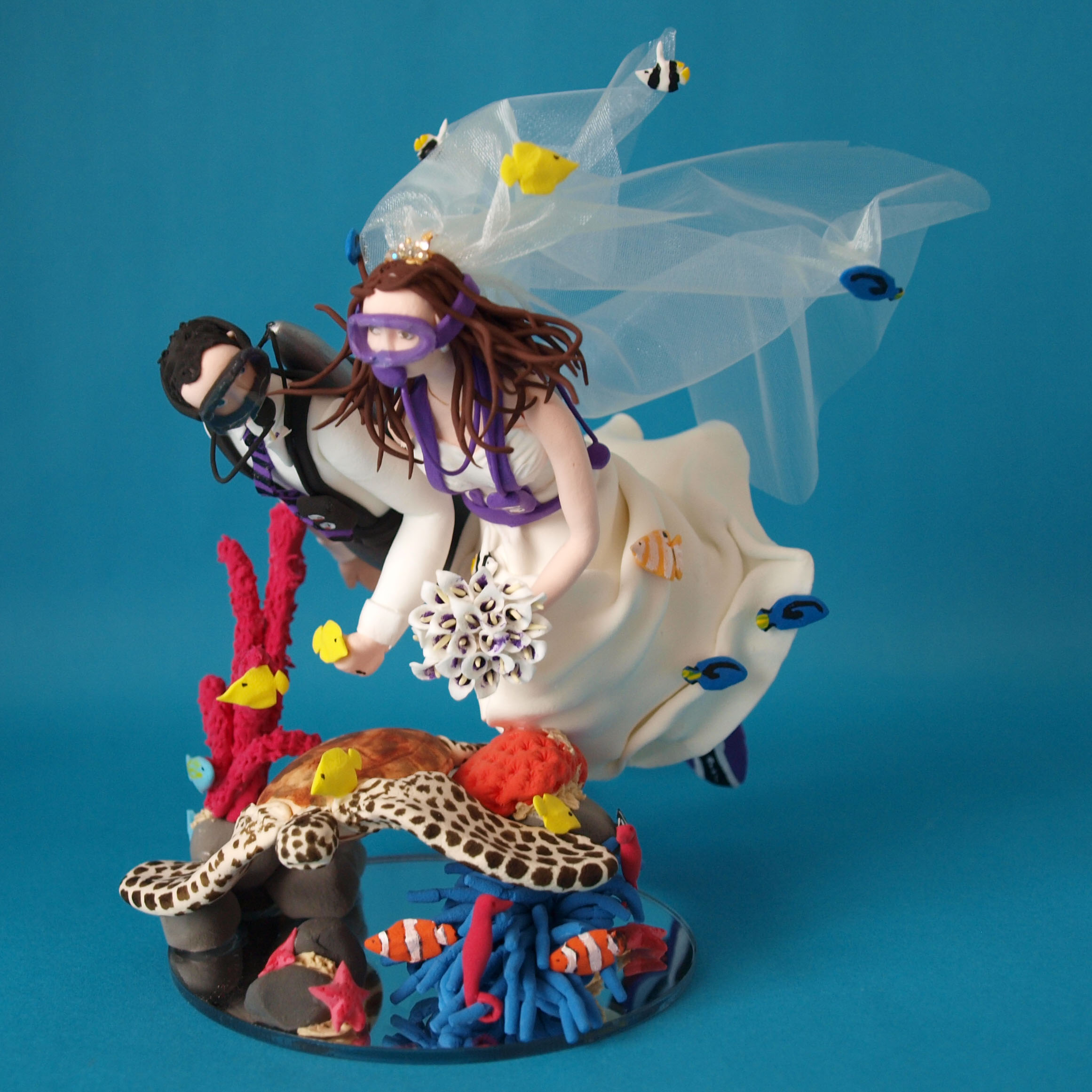 Scuba Diving Bride and groom with sea turtle wedding cake topper by Louisa Hill