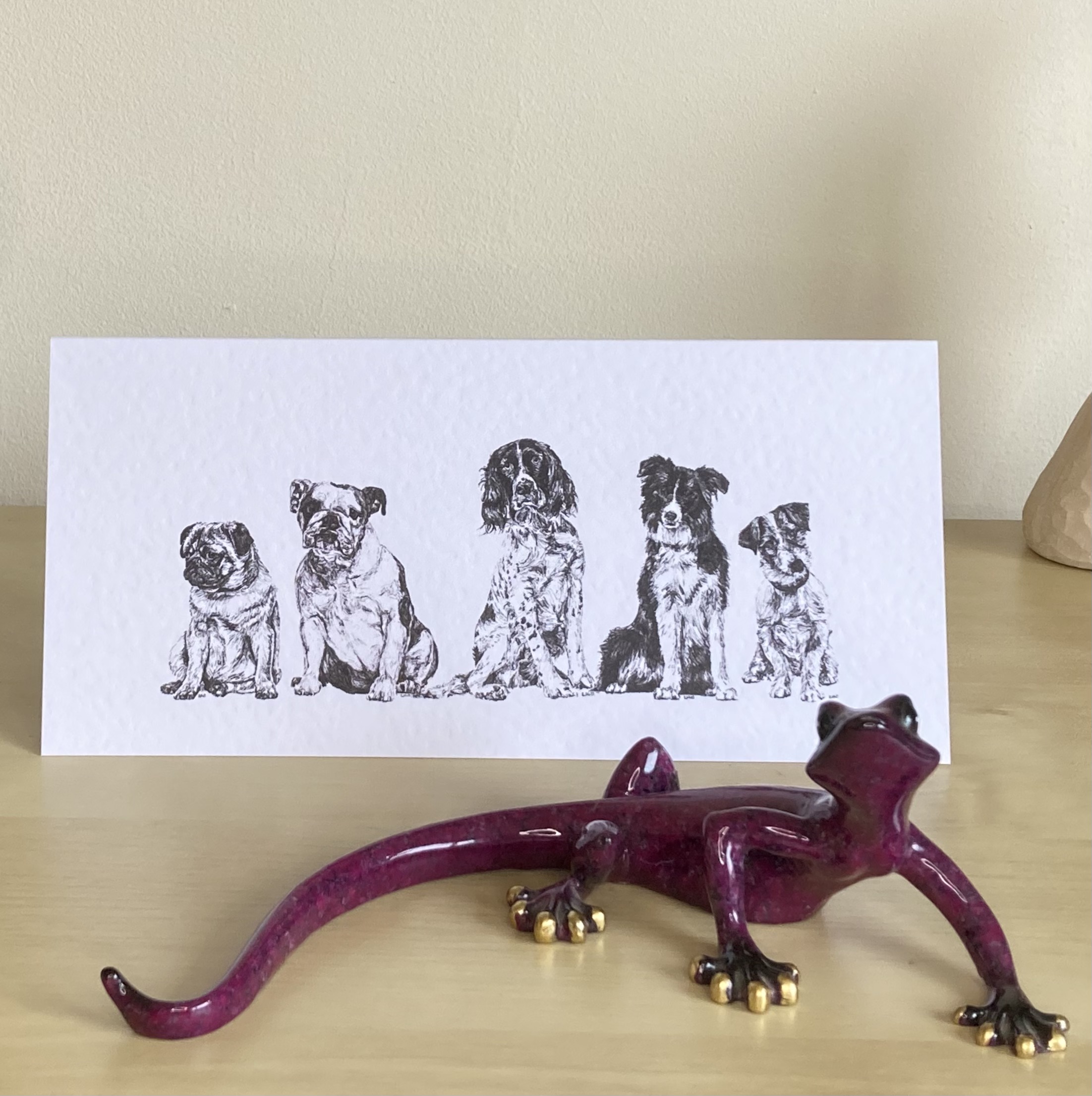 5 Dogs greetings card, Pug, English Bulldog, Springer Spaniel, Border Collie, Jack Russell Terrier by Louisa Hill