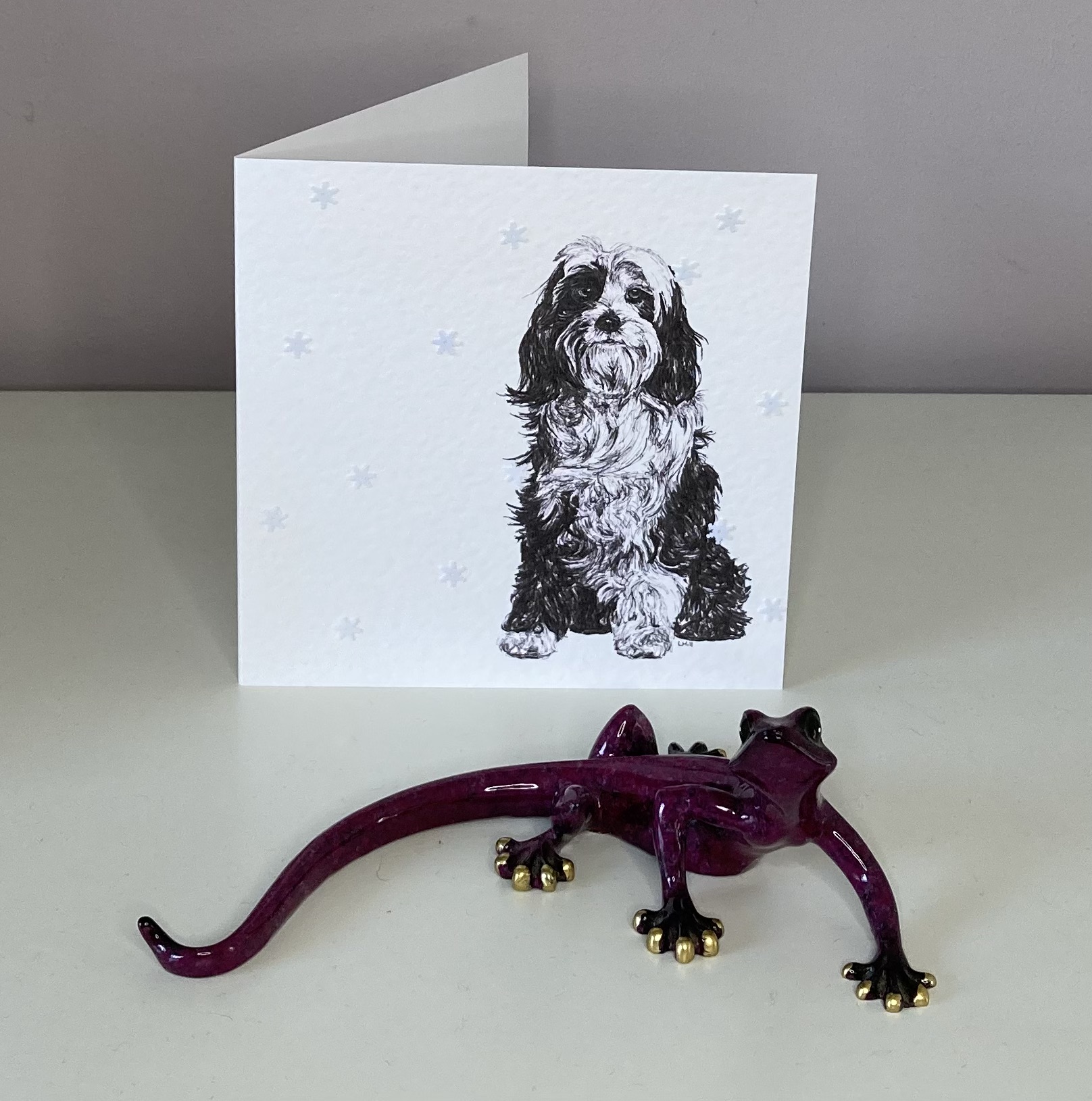 Tibetan Terrier with snowflakes Christmas card by Louisa Hill