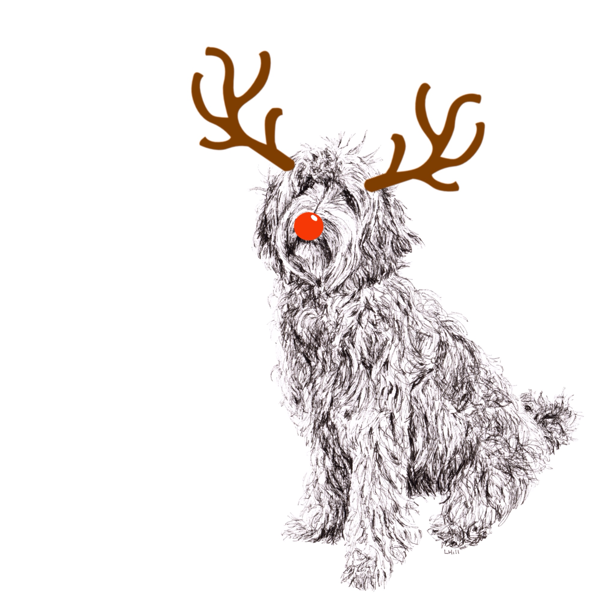 Ladradoodle with reindeer antlers and red nose Christmas card by Louisa Hill