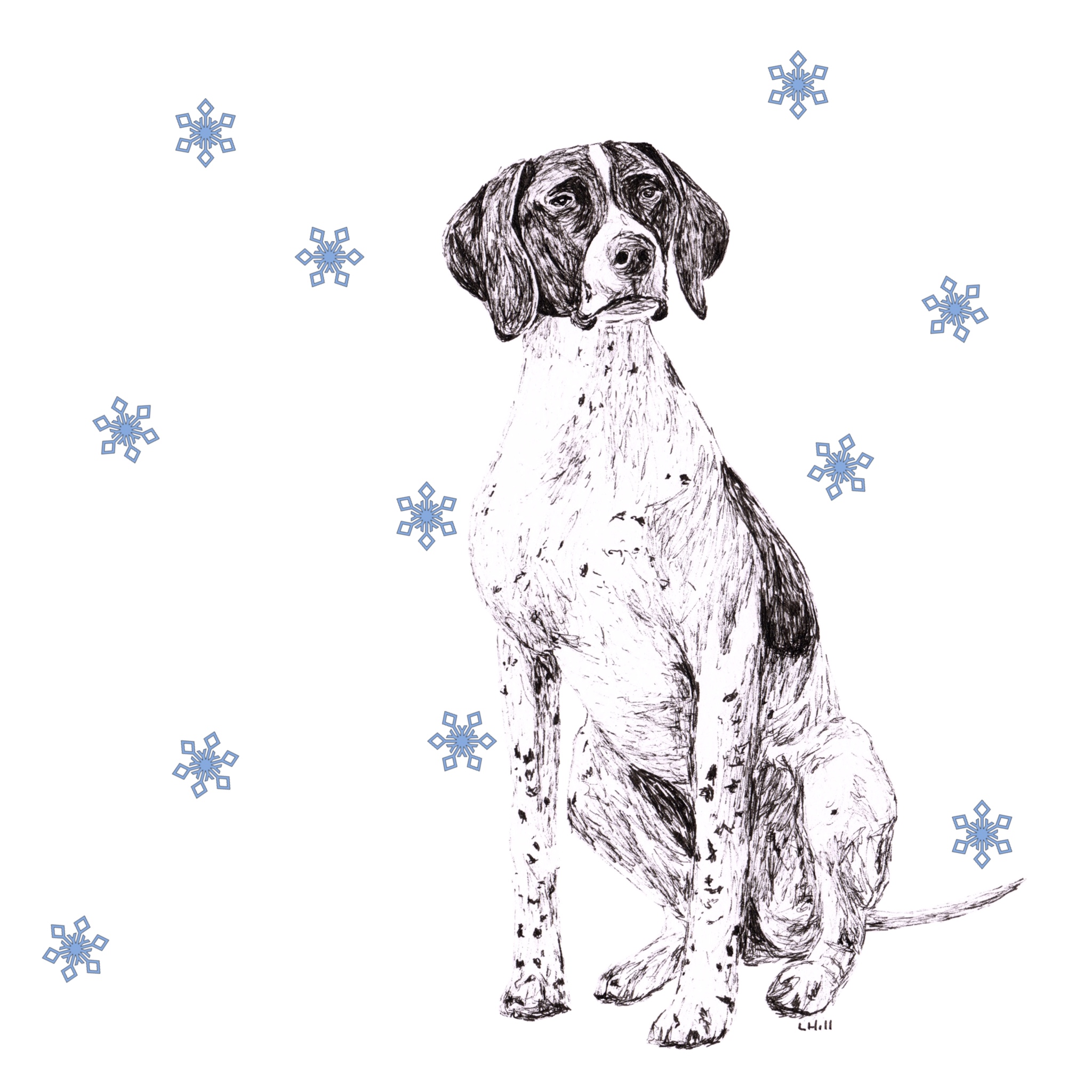 English Pointer with reindeer antlers and red nose Christmas card by Louisa Hill